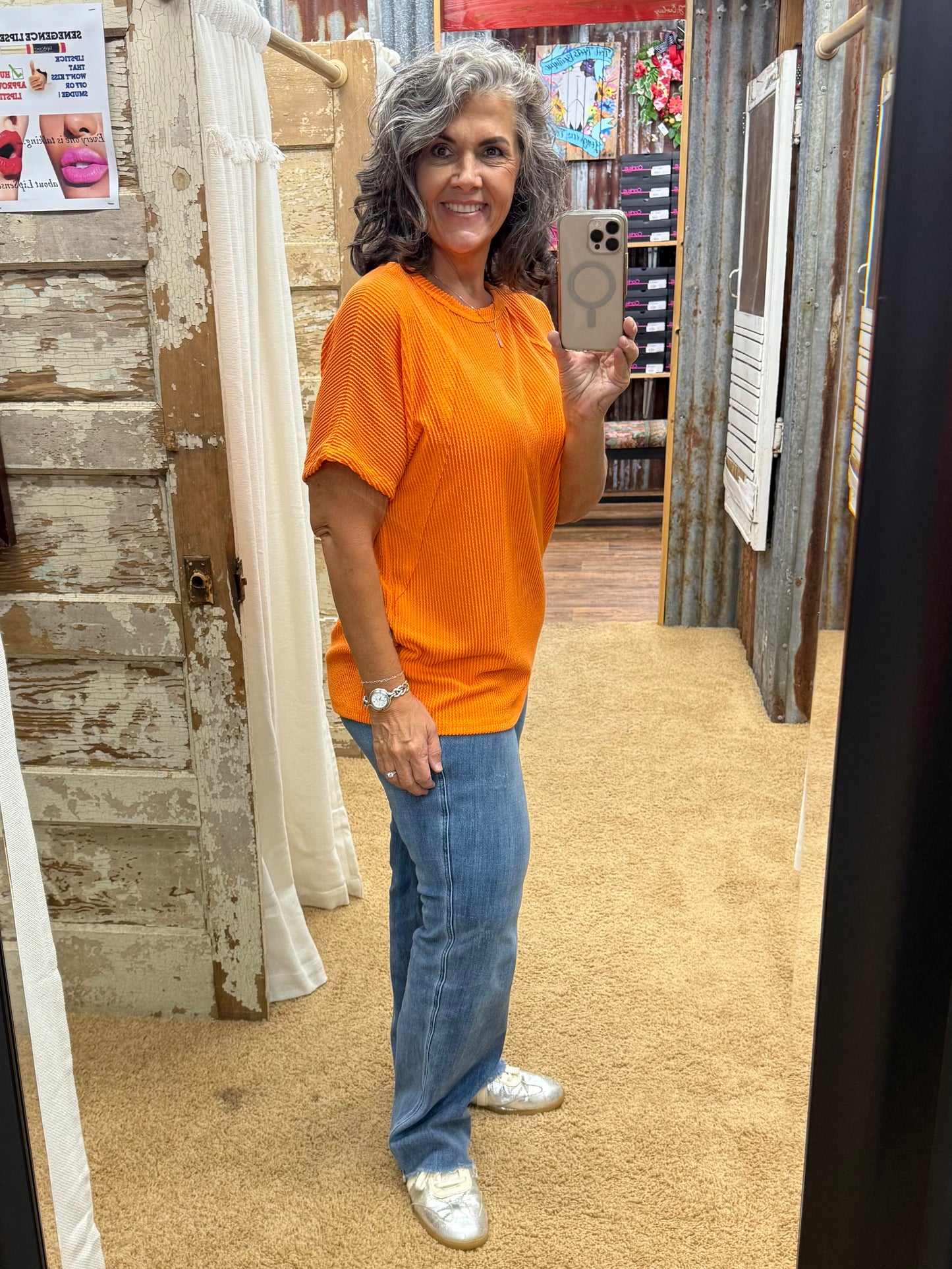 ORANGE SHORT SLEEVE SOLID URBAN RIBBED TOP