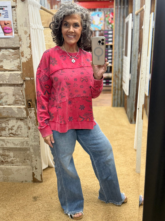 BOHO RED FLORAL PRINTED WASHED TERRY PULLOVER
