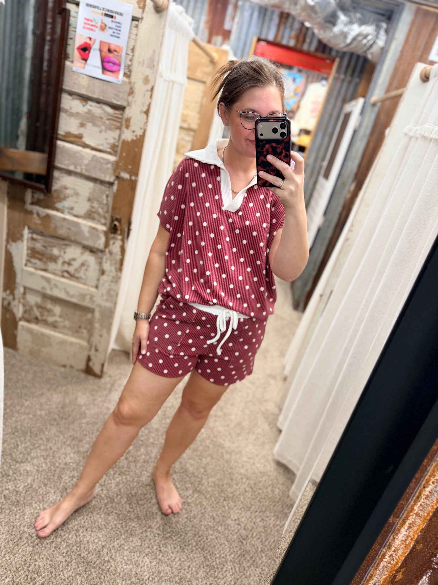 Door Buster Cabernet Polka Dot Collared Top & Shorts Set
