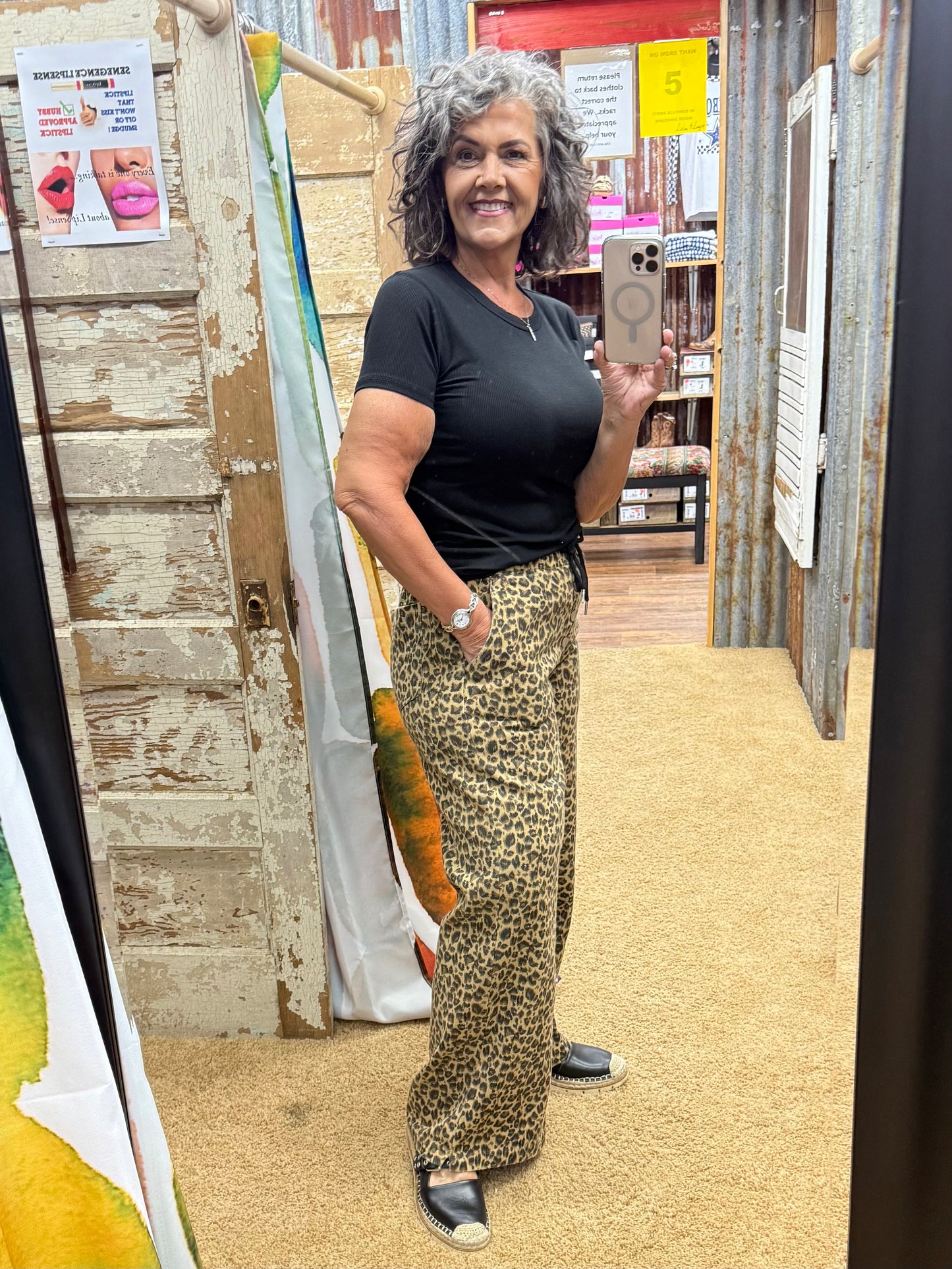 WIDE LEG LEOPARD TWILL PANTS WITH DRAWSTRING