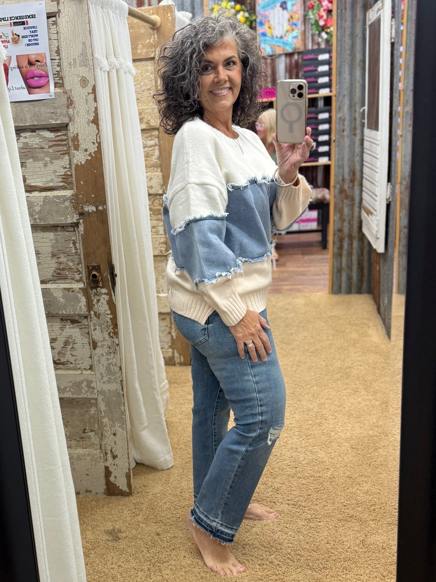 Colorblock Distressed Denim Patchwork Knit Sweater