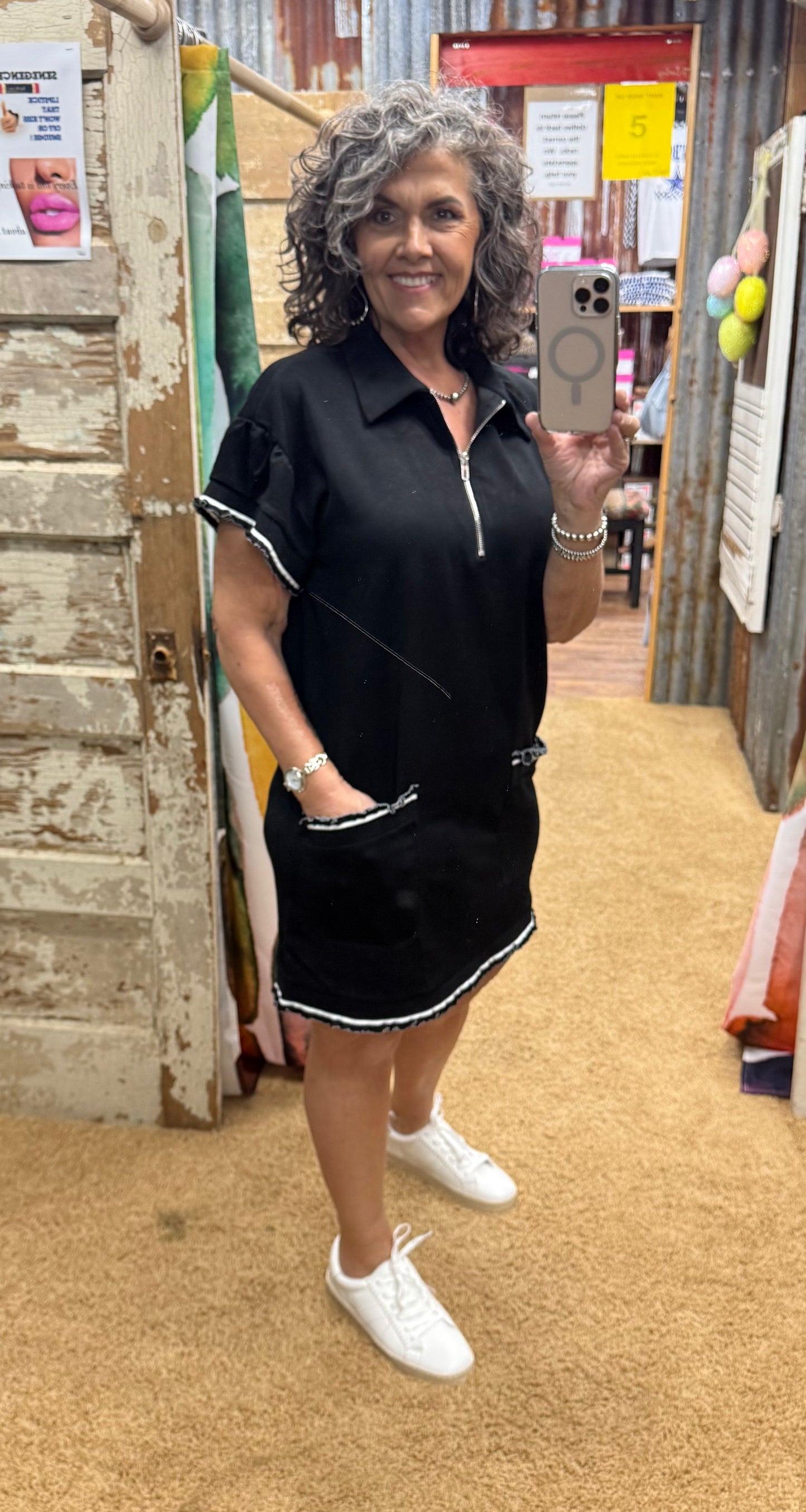 Black Casual Zip-Up Polo Dress