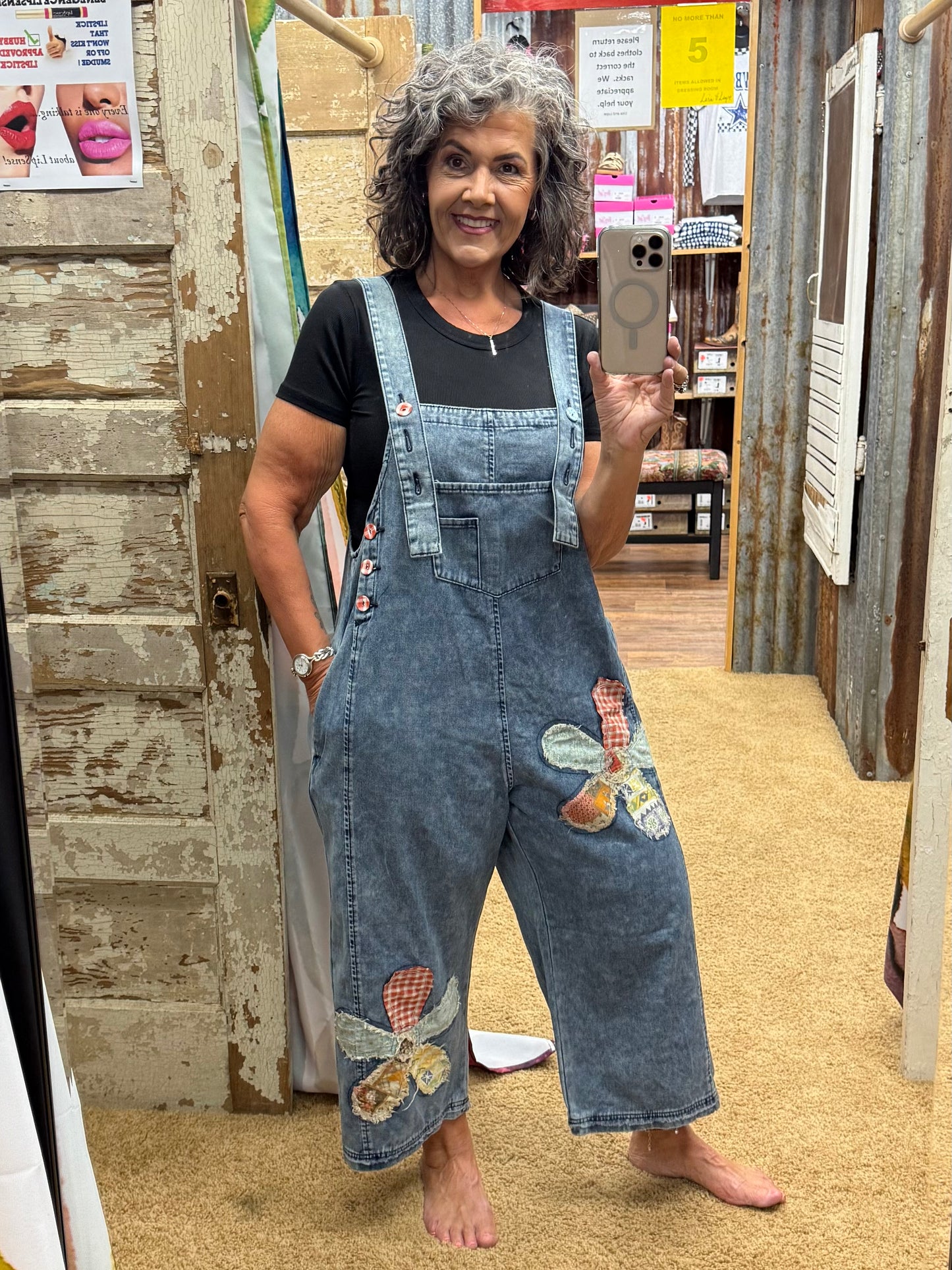 Restock* FLOWER PATCH WASHED DENIM OVERALLS