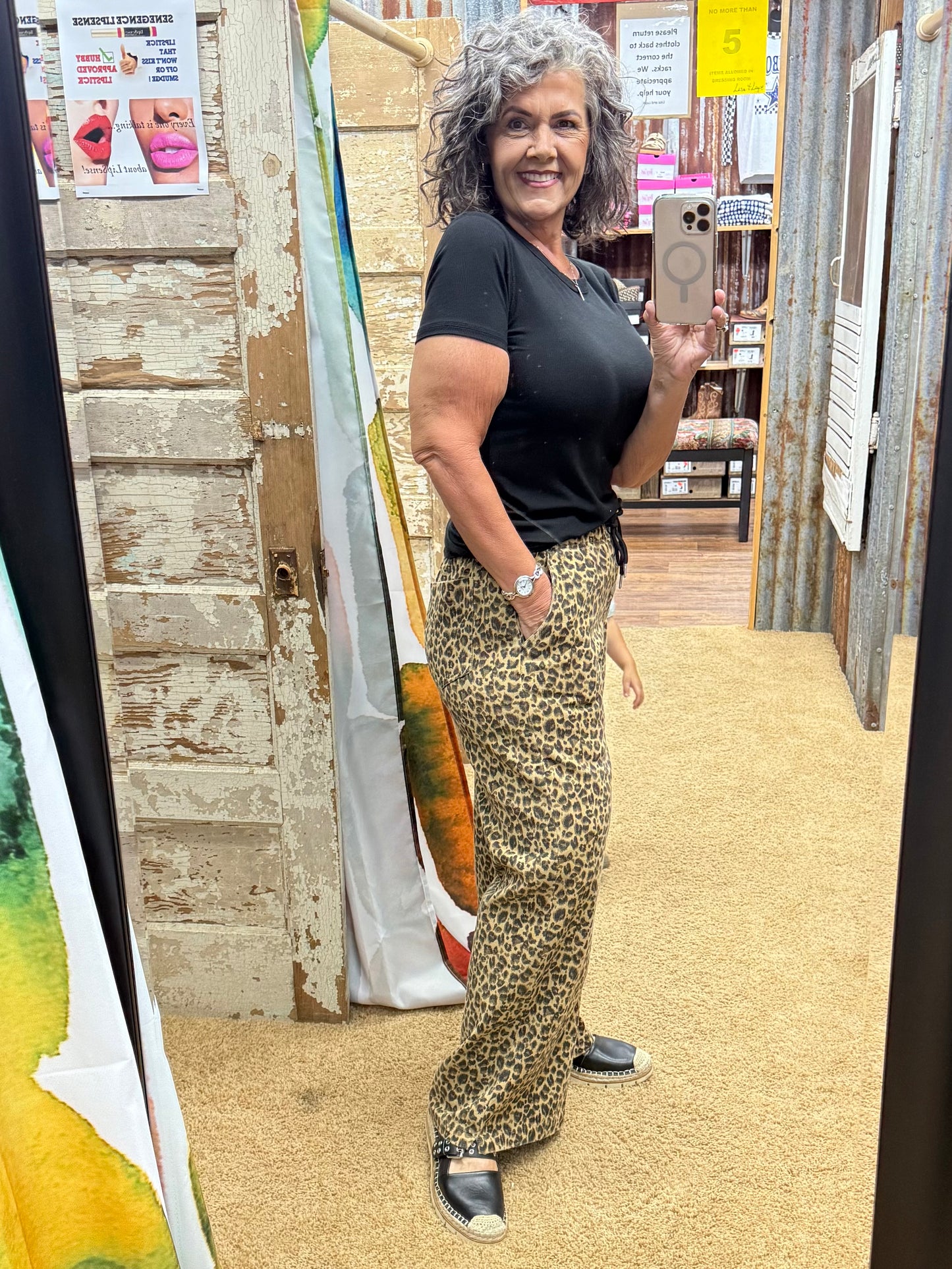 WIDE LEG LEOPARD TWILL PANTS WITH DRAWSTRING