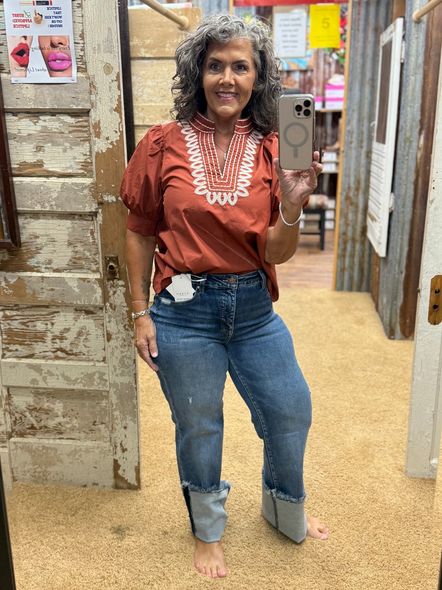 Rust Band Collar Blouse by Entro