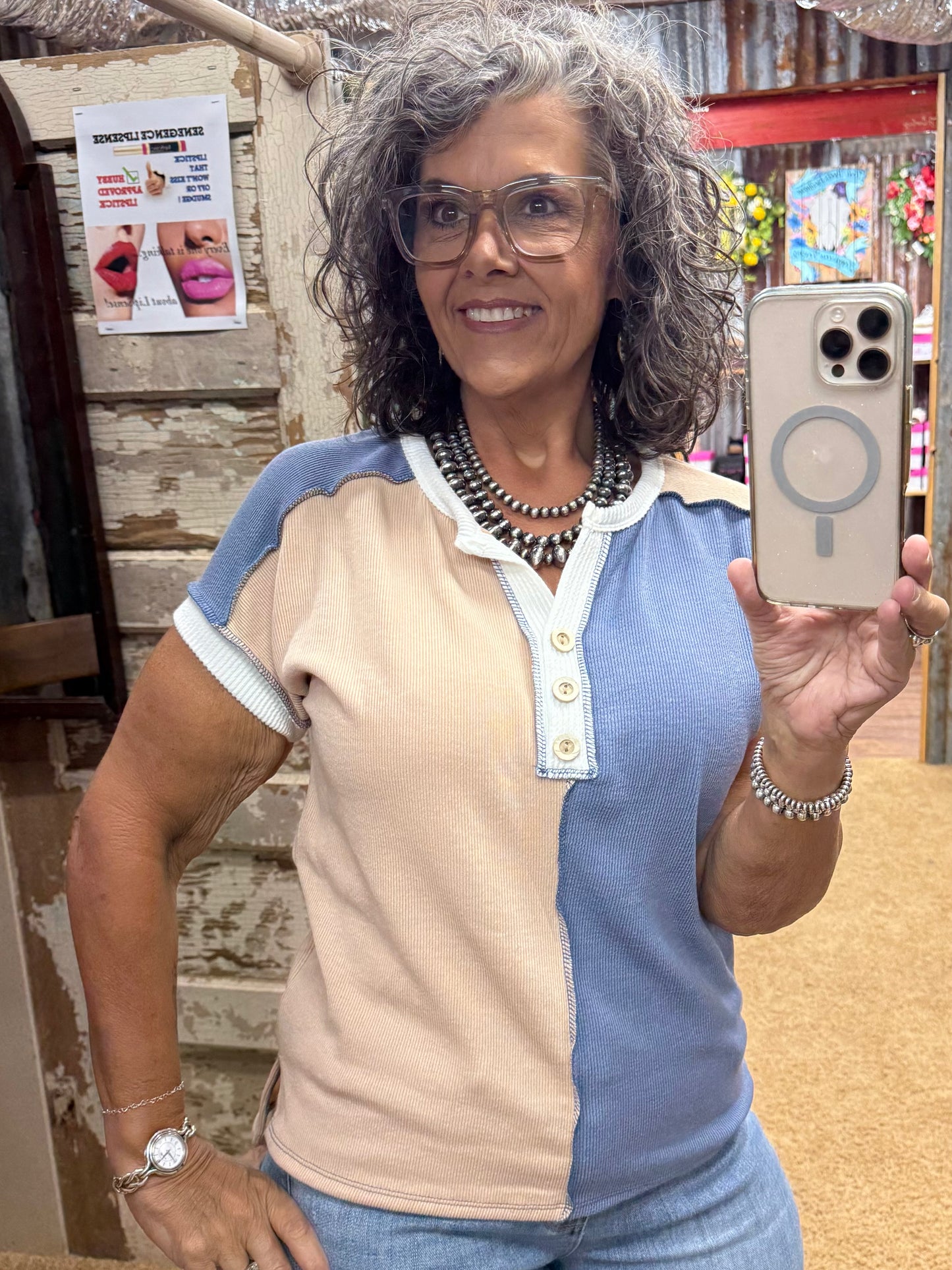 Denim Blue Color Block Short Sleeve Top