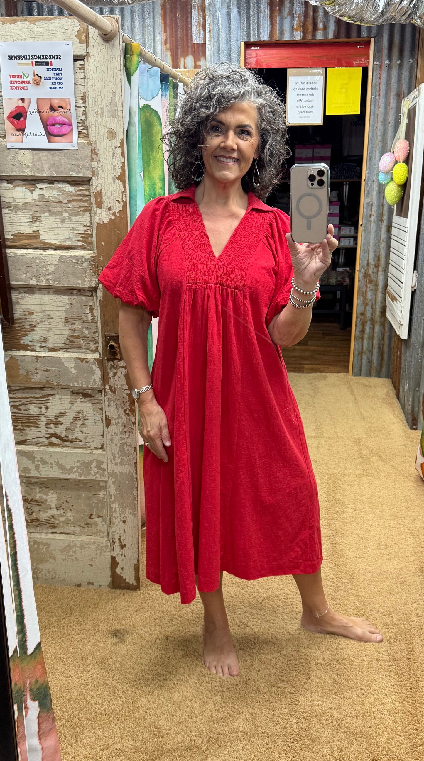 Red Smocked Front Yoke Midi Dress