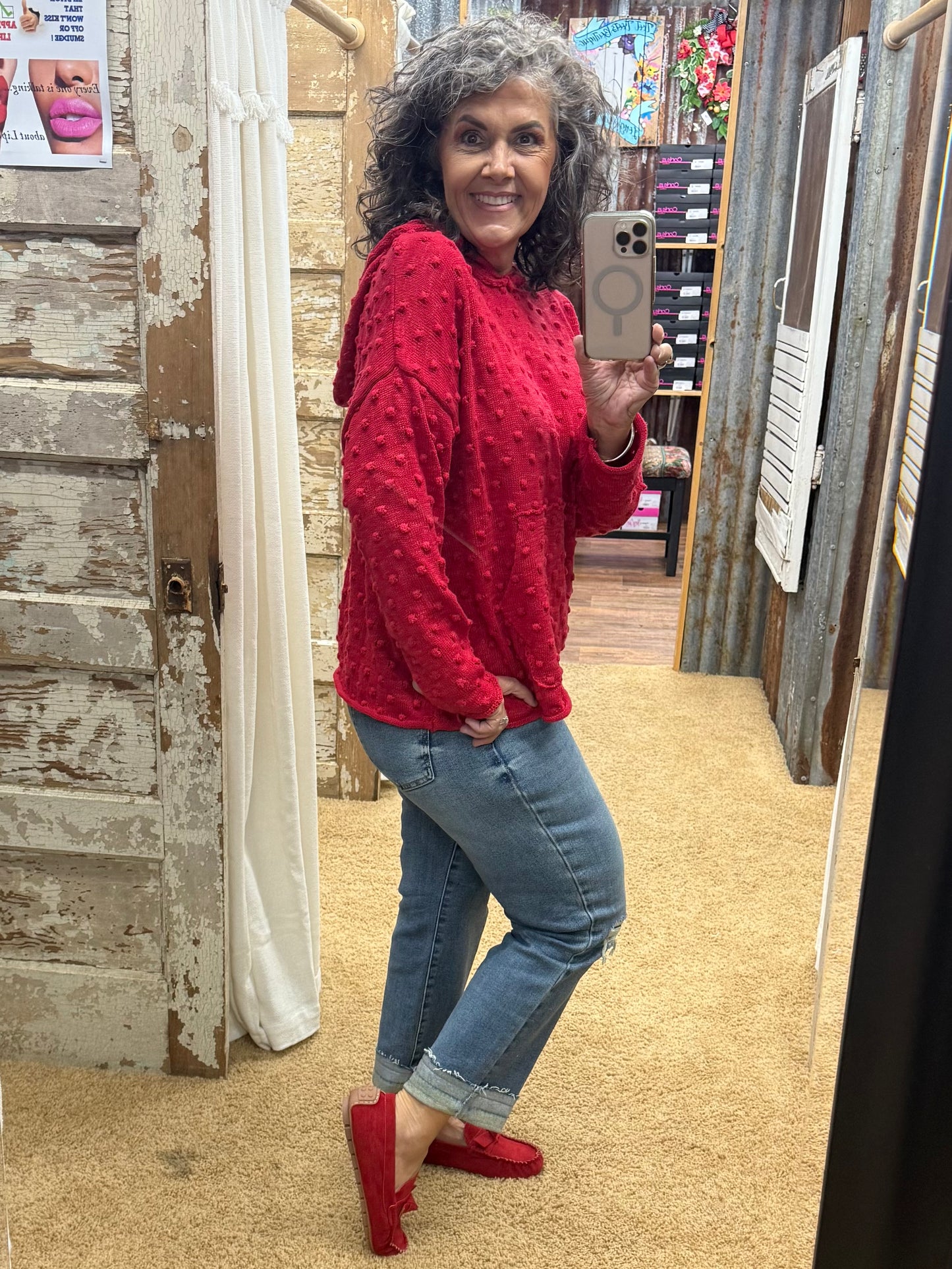 Red Oversized Popcorn Knit Textured Hoodie Pullover