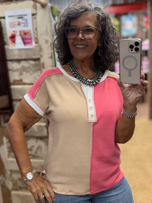 Stacey Color Block Coral Short Sleeve Top