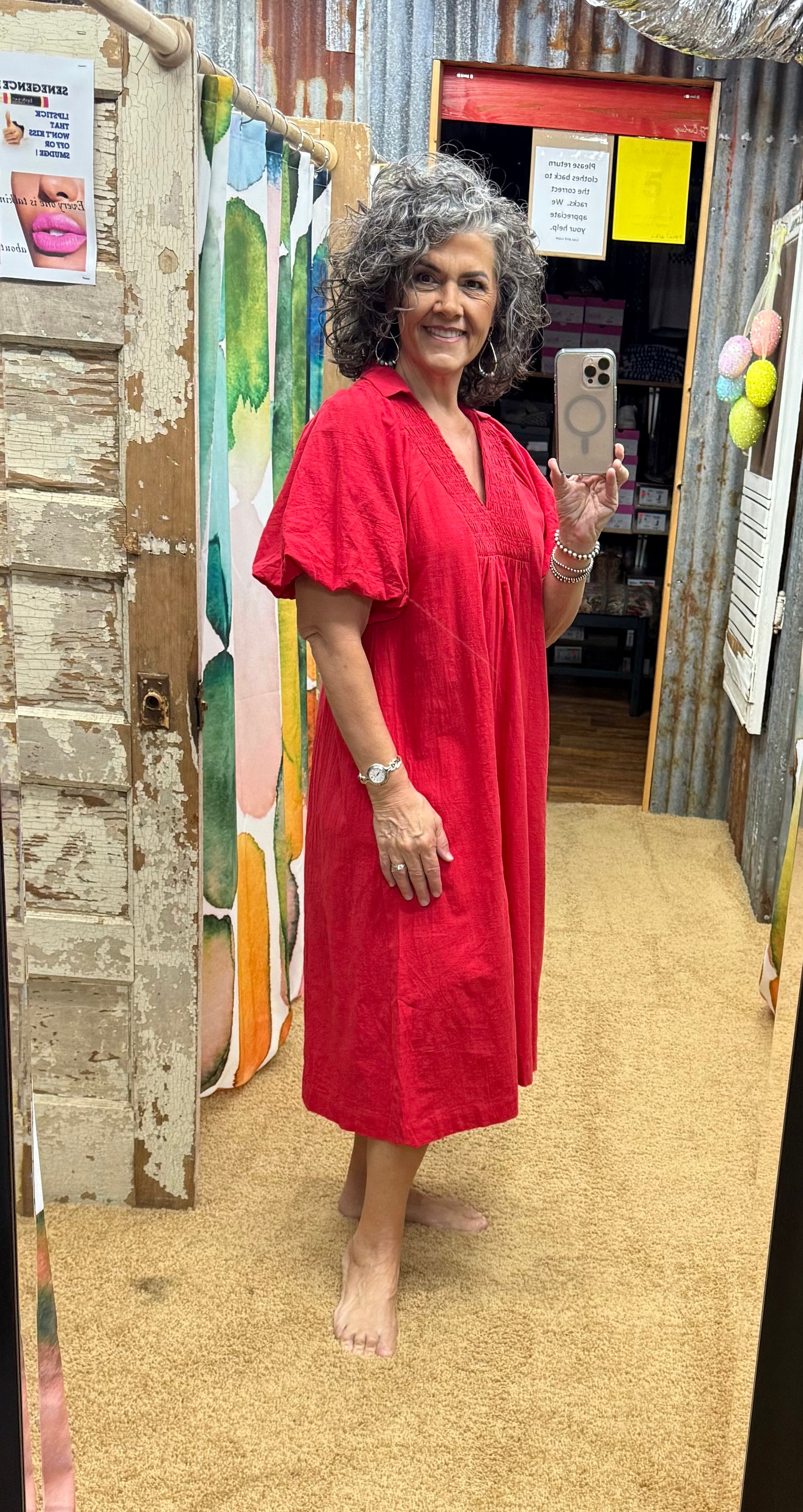 Red Smocked Front Yoke Midi Dress