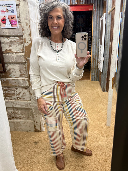 Multi Pin Stripe Washed Twill Barrel Jeans