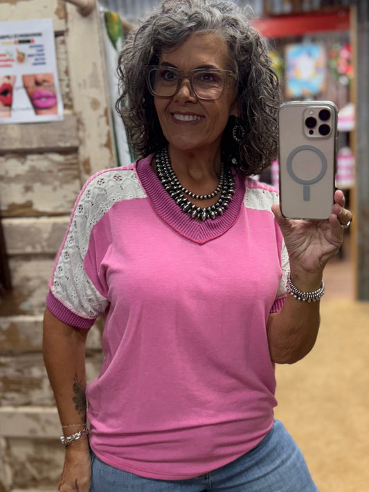 Color Block V Neck Banded Short Sleeve Top