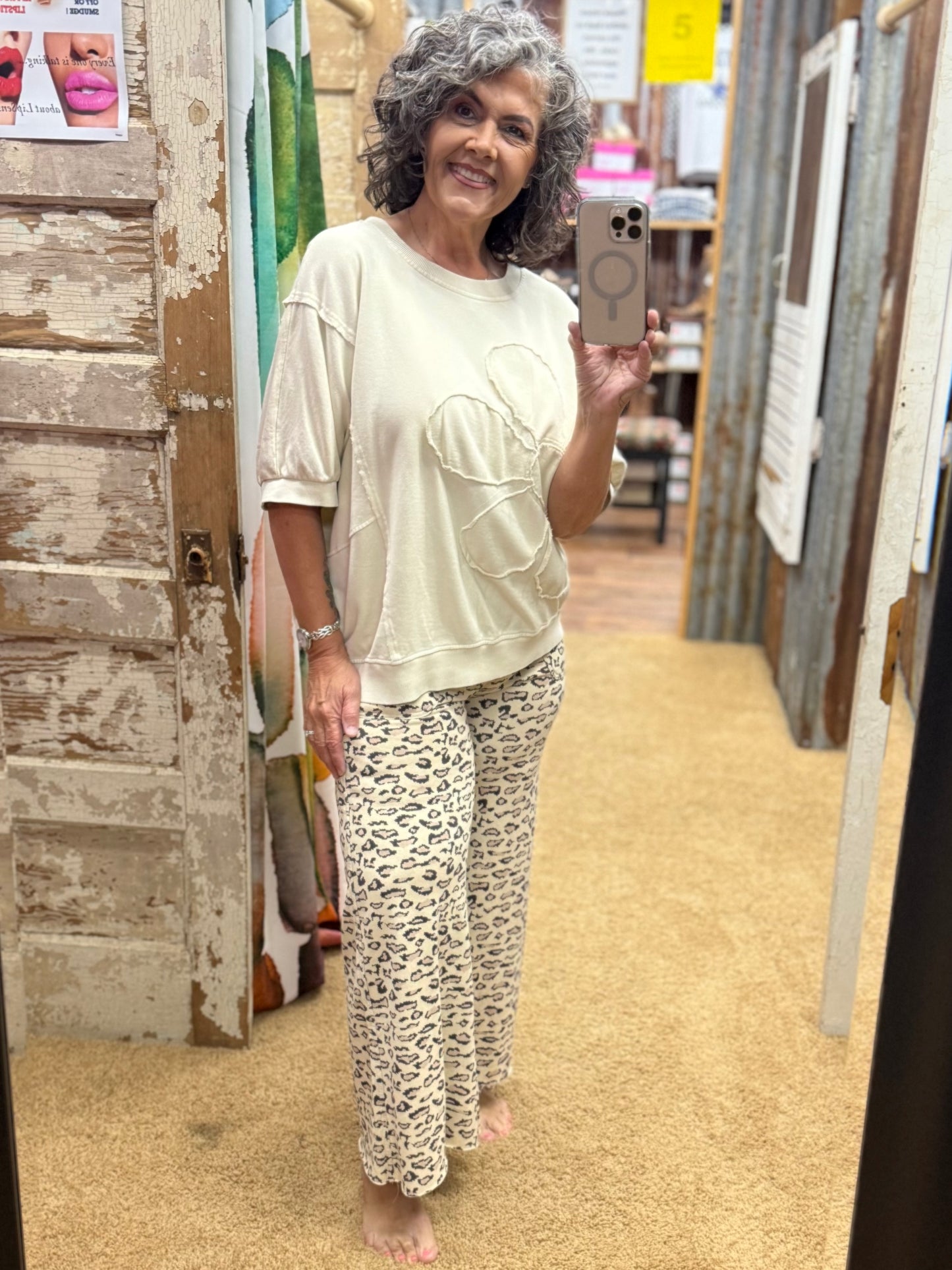 MOCHA  ANIMAL PRINT MINERAL WASHED TERRY KNIT PANTS