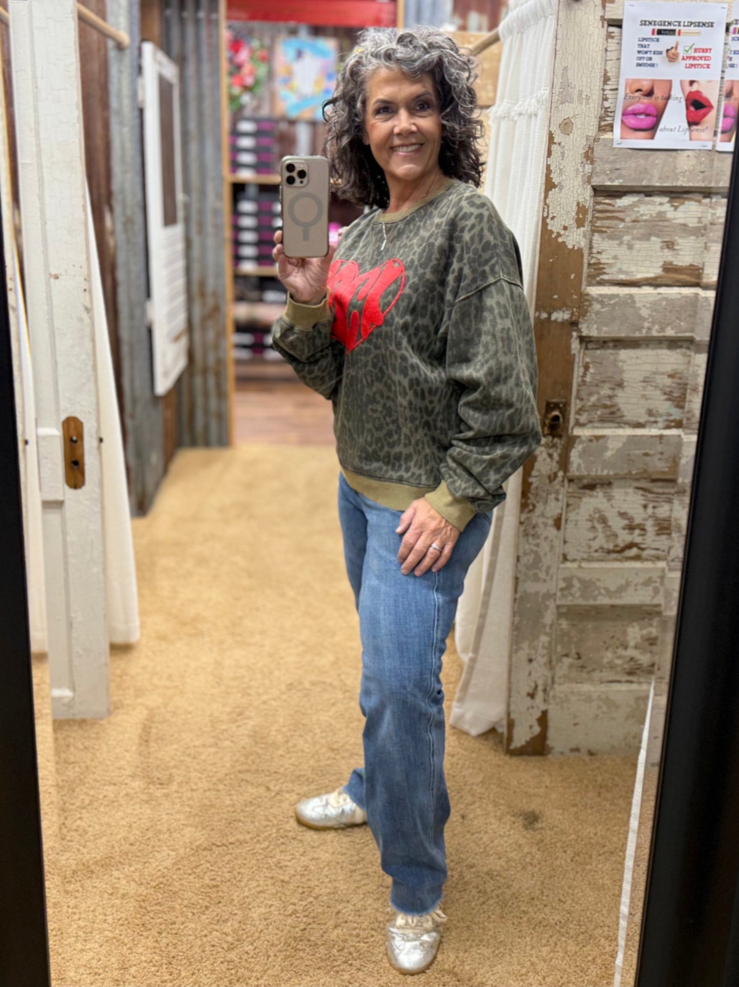 OLIVE ANIMAL PRINT ROCK HEART WASHED TERRY PULLOVER