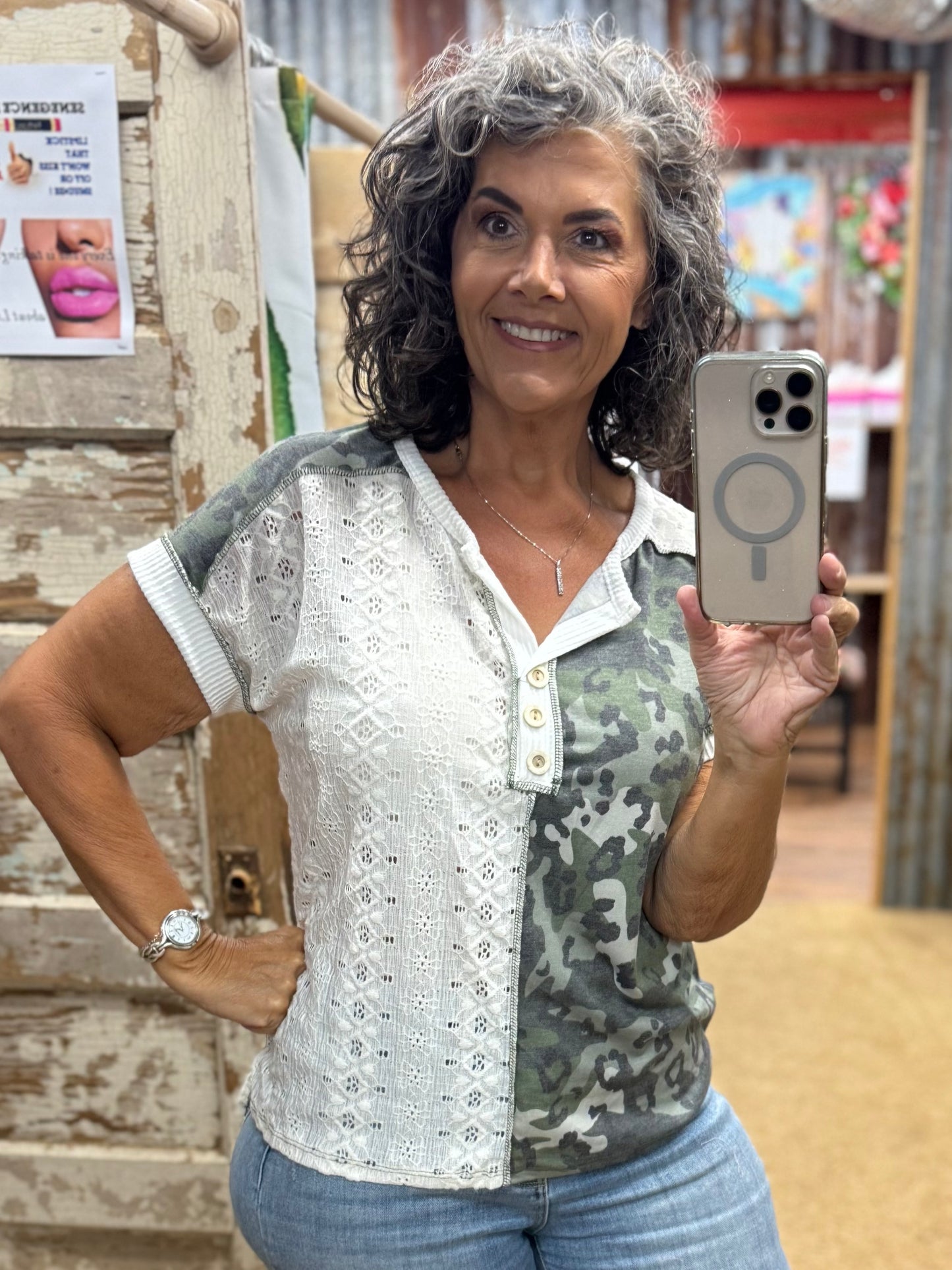 Camo Lace Short Sleeve Top