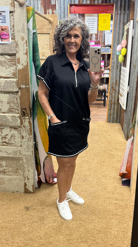 Black Casual Zip-Up Polo Dress