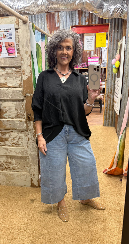 Black Smocked Sleeve Top