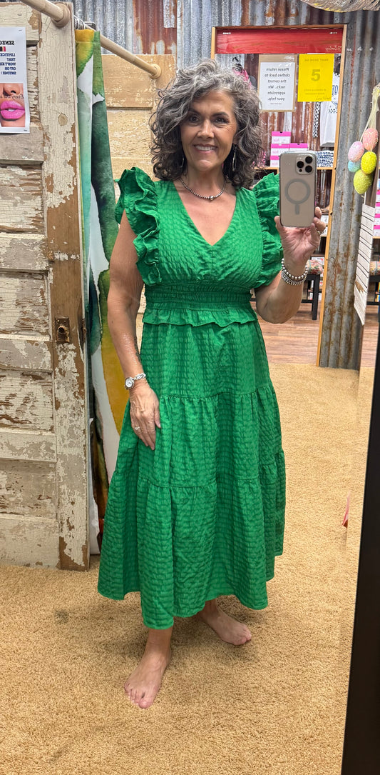 Green V-Neck Ruffle Midi Dress