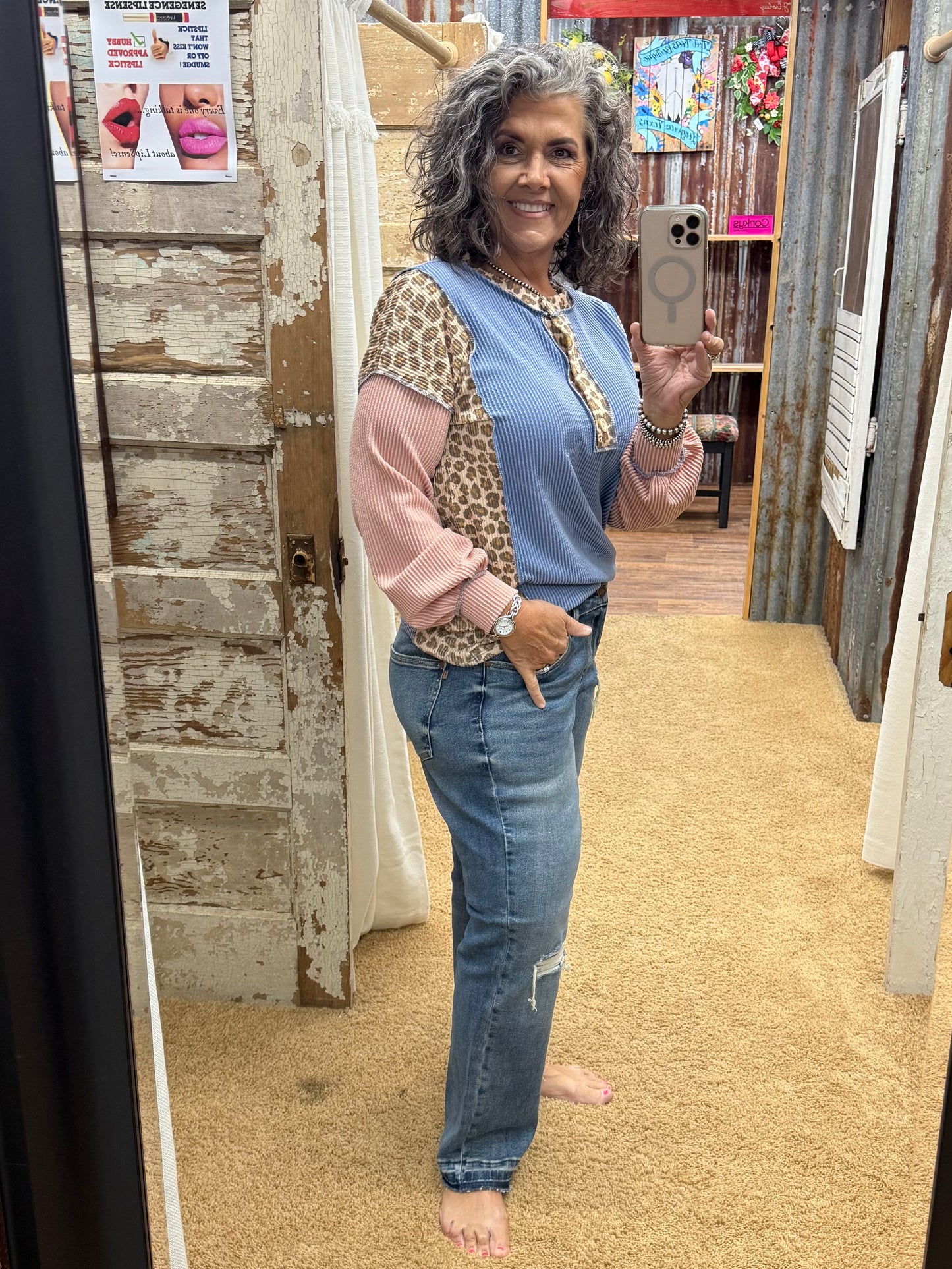 Stand By Me Animal Print Solid Blue Rib Top