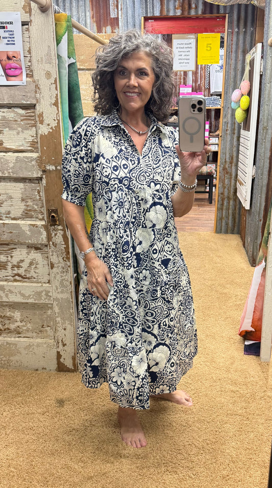 Navy Vintage Garden Shirt Dress