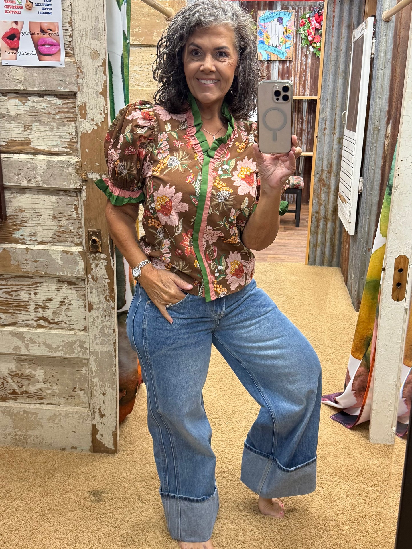 Cuffed Wide Leg Denim Jeans