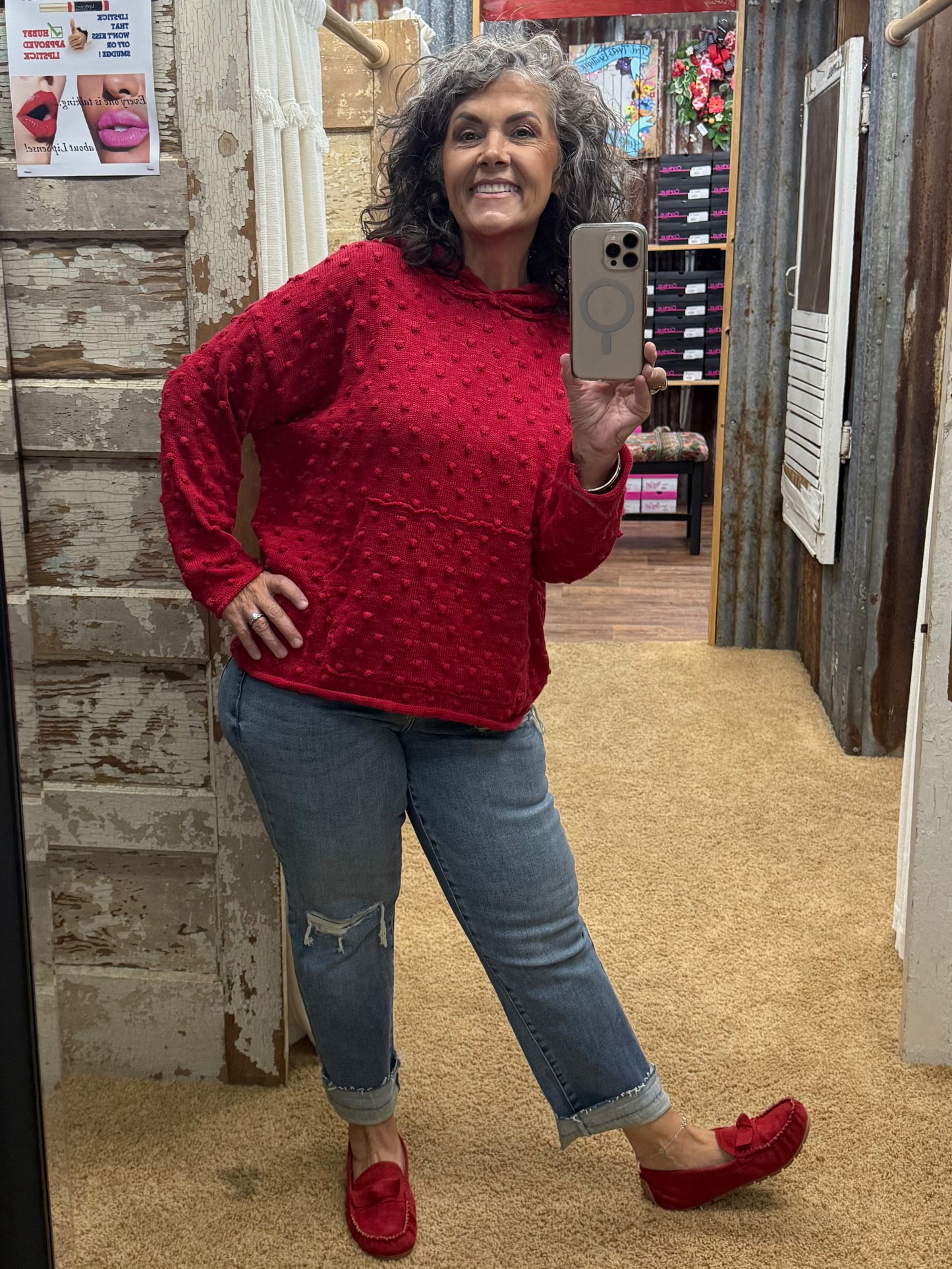 Red Oversized Popcorn Knit Textured Hoodie Pullover