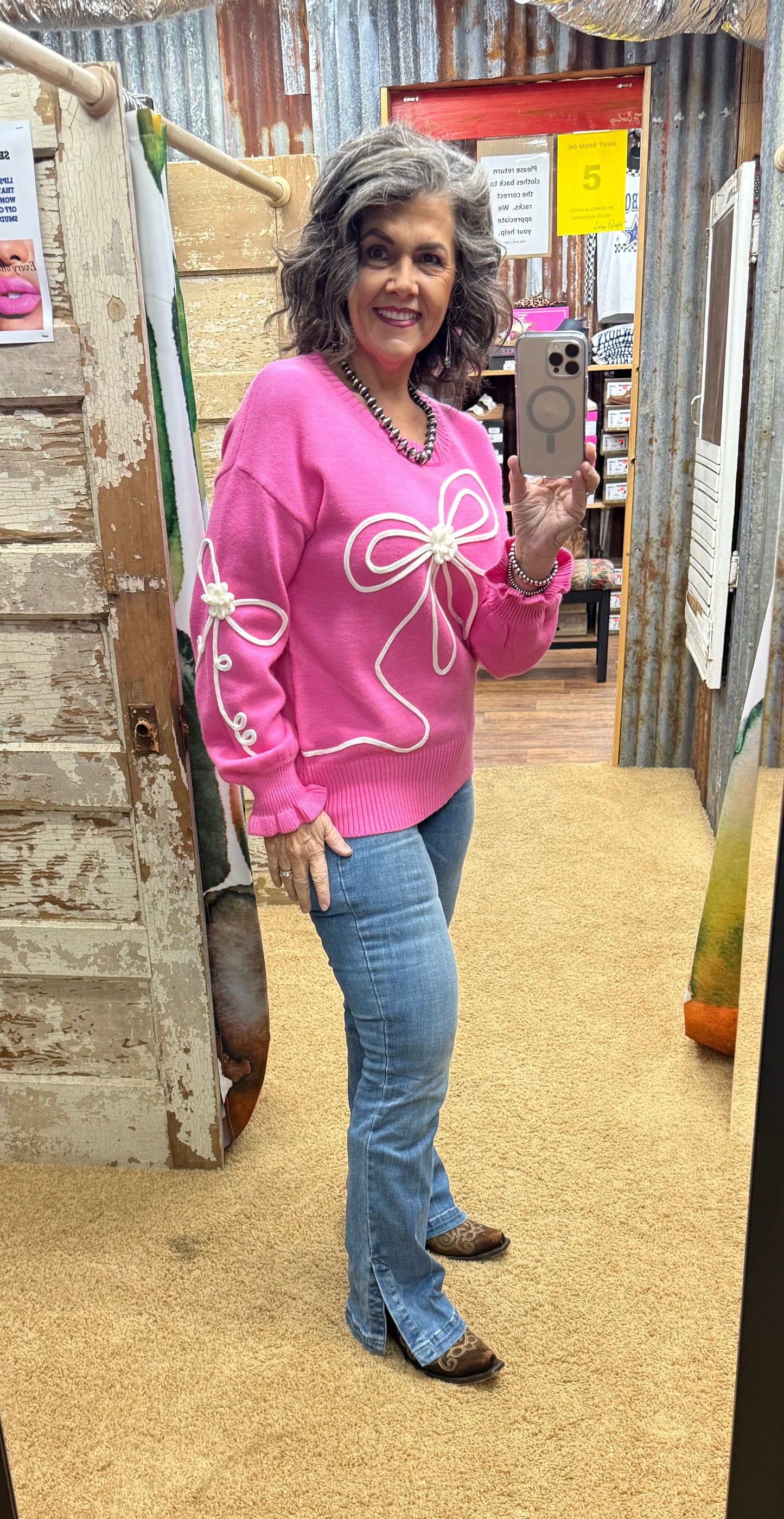Pink Corded Flower Bow Sweater