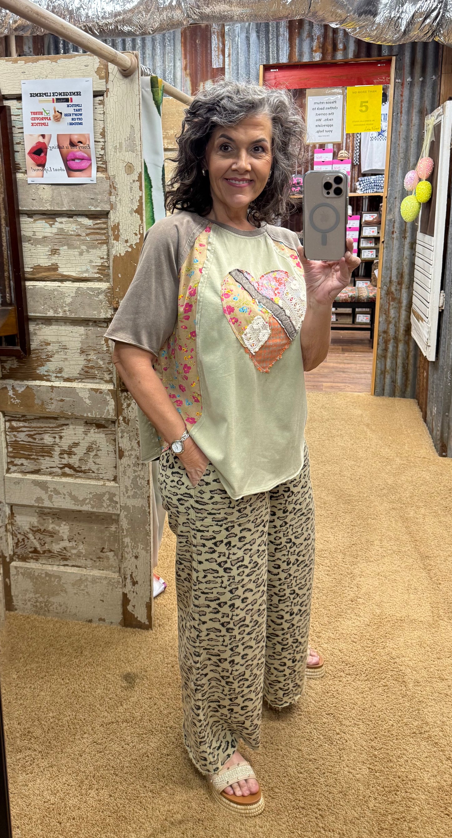 OLIVE ANIMAL PRINT MINERAL WASHED TERRY KNIT PANTS