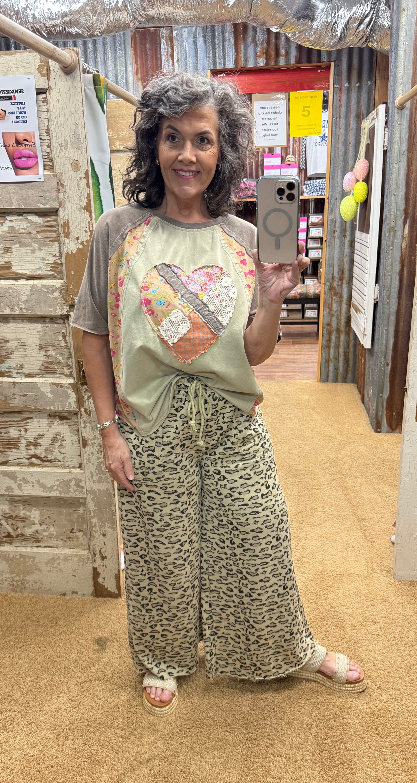 OLIVE ANIMAL PRINT MINERAL WASHED TERRY KNIT PANTS