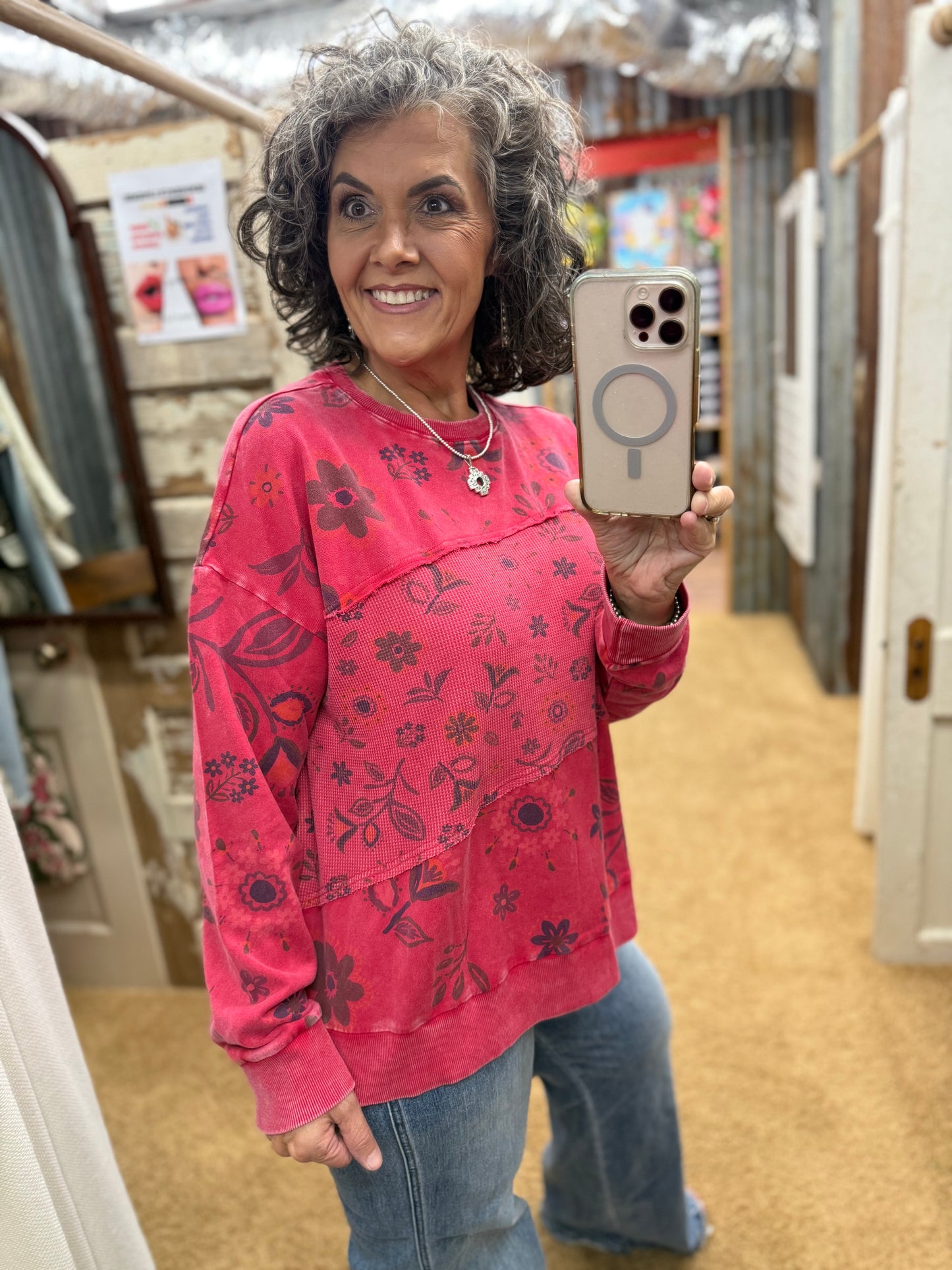 BOHO RED FLORAL PRINTED WASHED TERRY PULLOVER
