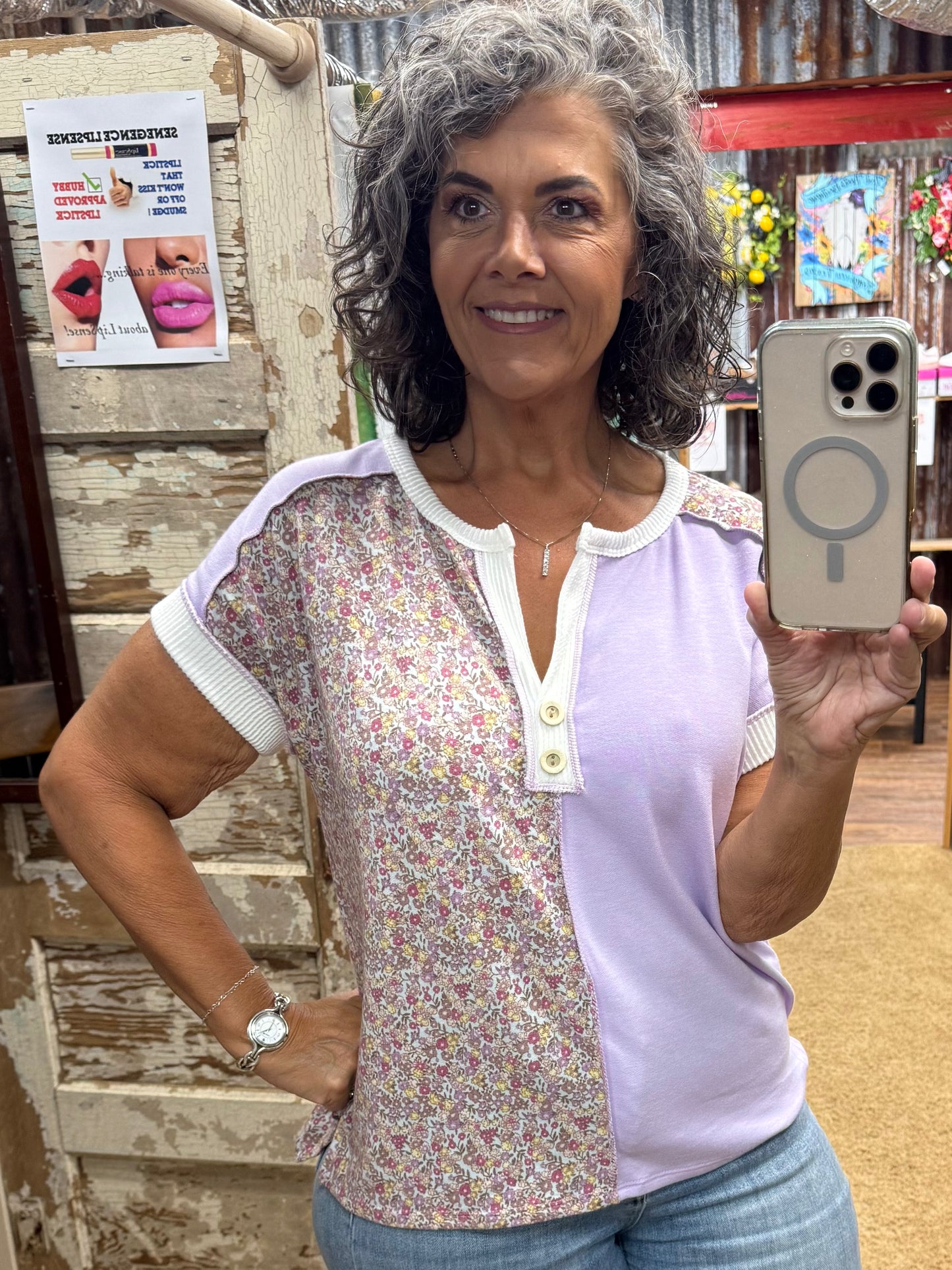 Lavender Button Front Short Sleeve Top