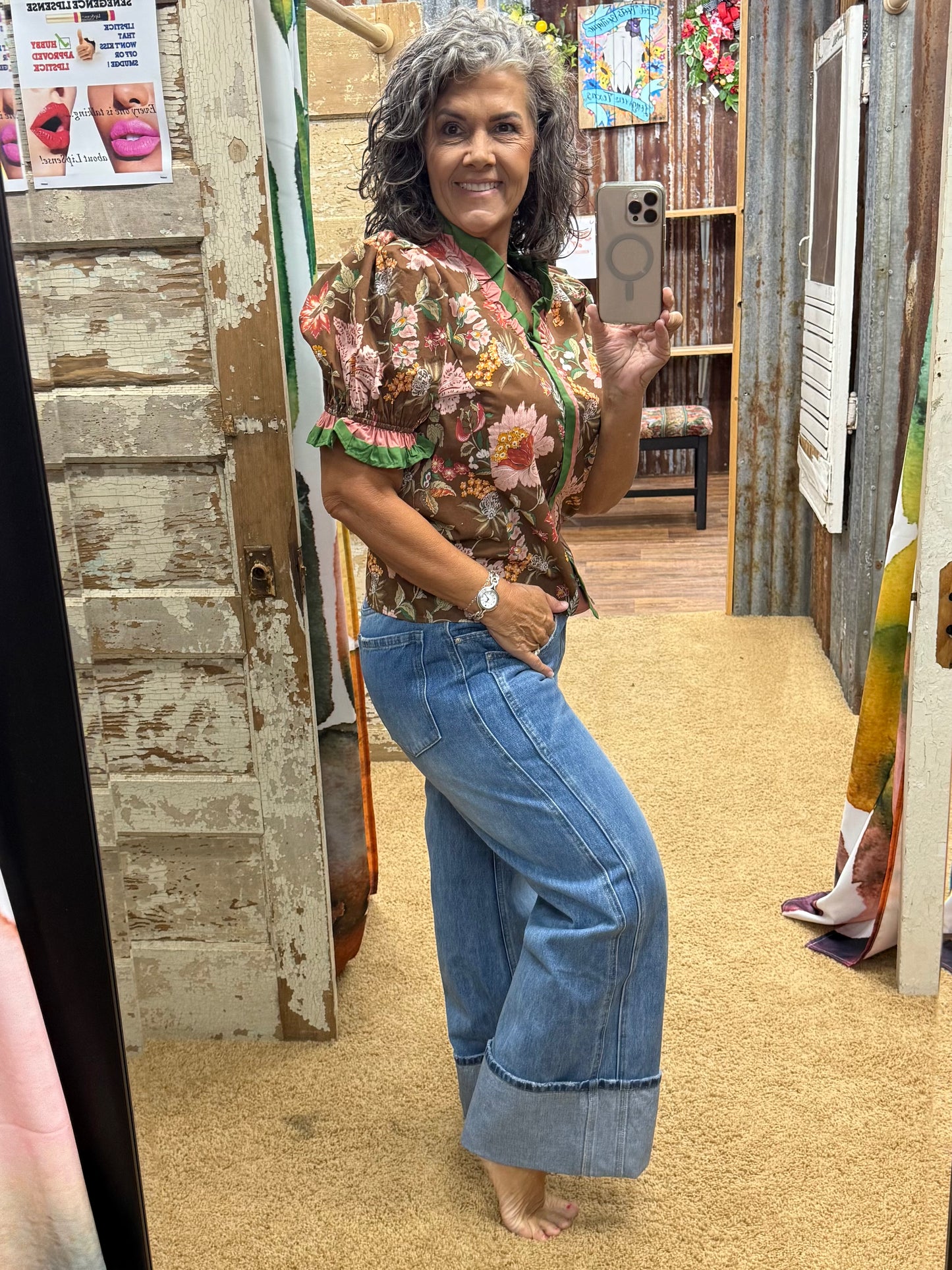 Cuffed Wide Leg Denim Jeans