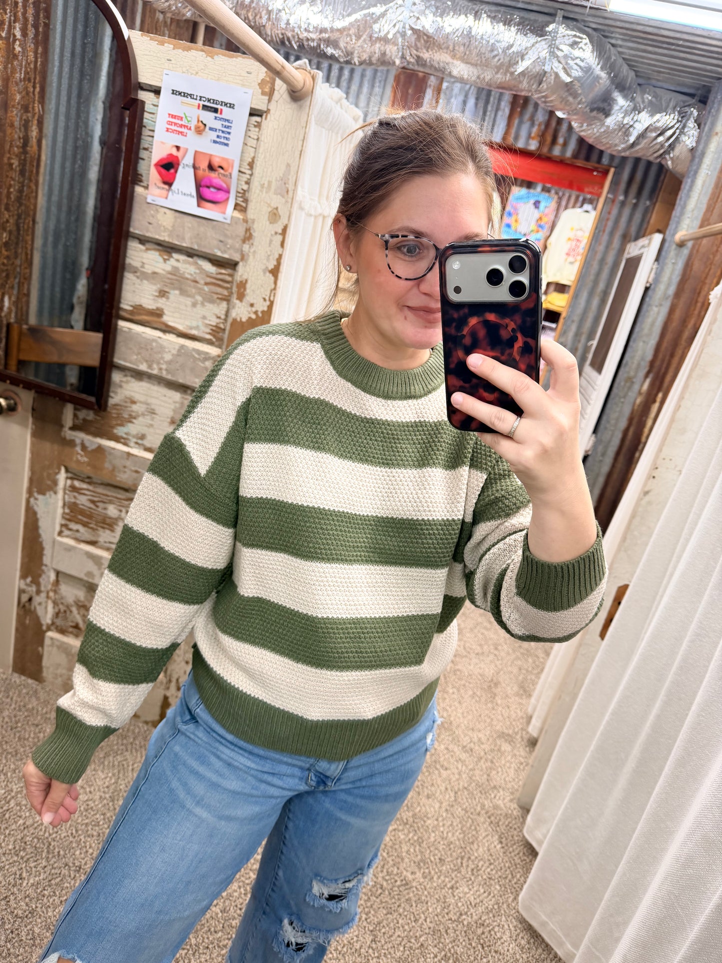 Door Buster Lt Olive Wide Stripe Oversized Sweater