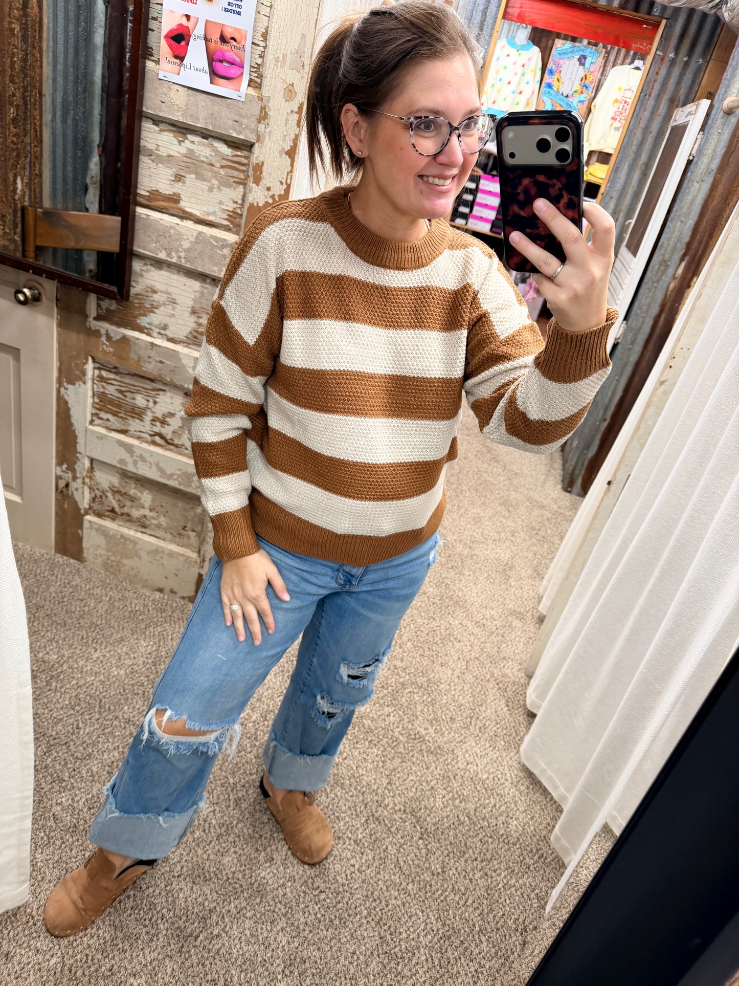 Door Buster Deep Camel Wide Stripe Oversized Sweater