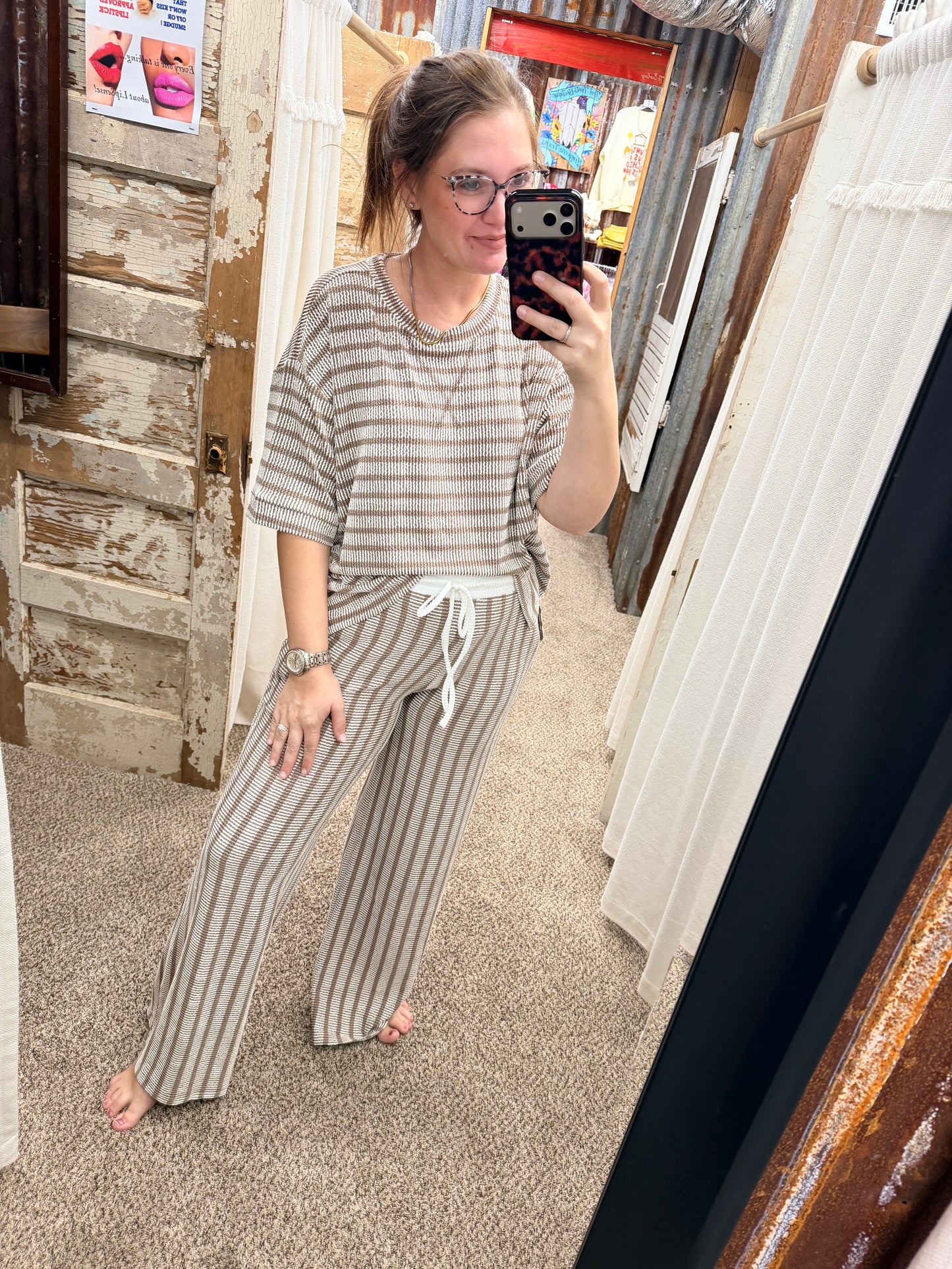 Door Buster Mocha Striped Knit Top & Wide Leg Pants Set