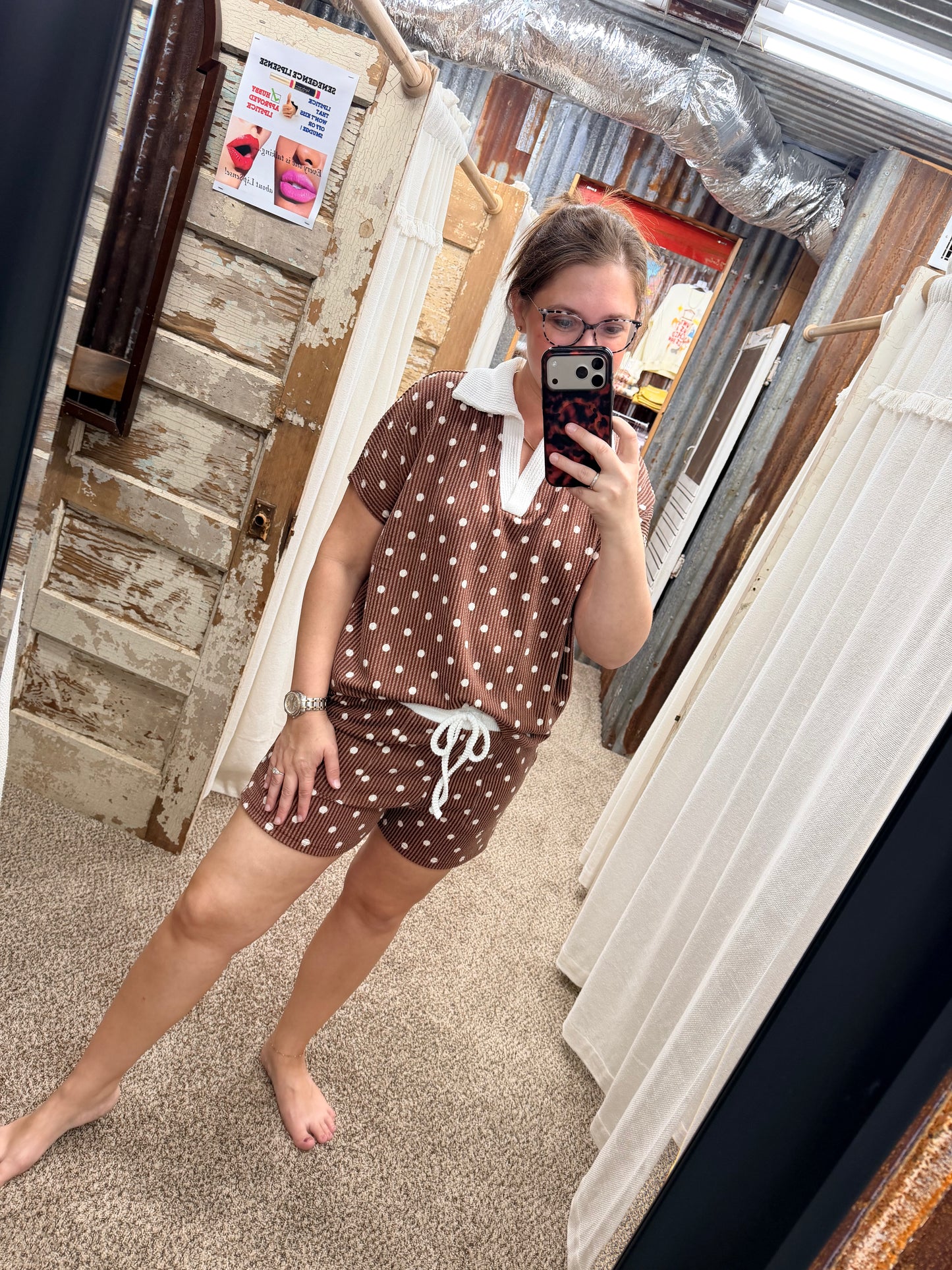 Door Buster Brown Polka Dot Collared Top & Shorts Set