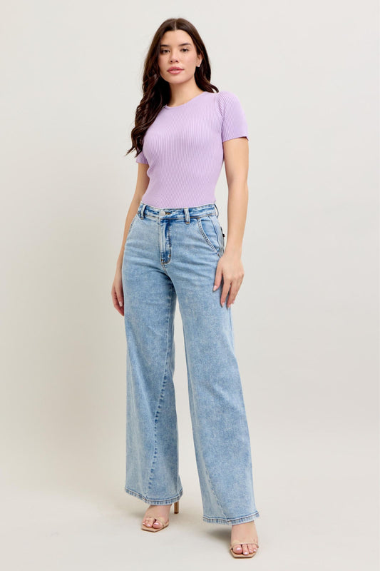 Judy Blue High Waist Stone Wash Retro Wide Leg Fit Skewed Inseam Jeans 82654