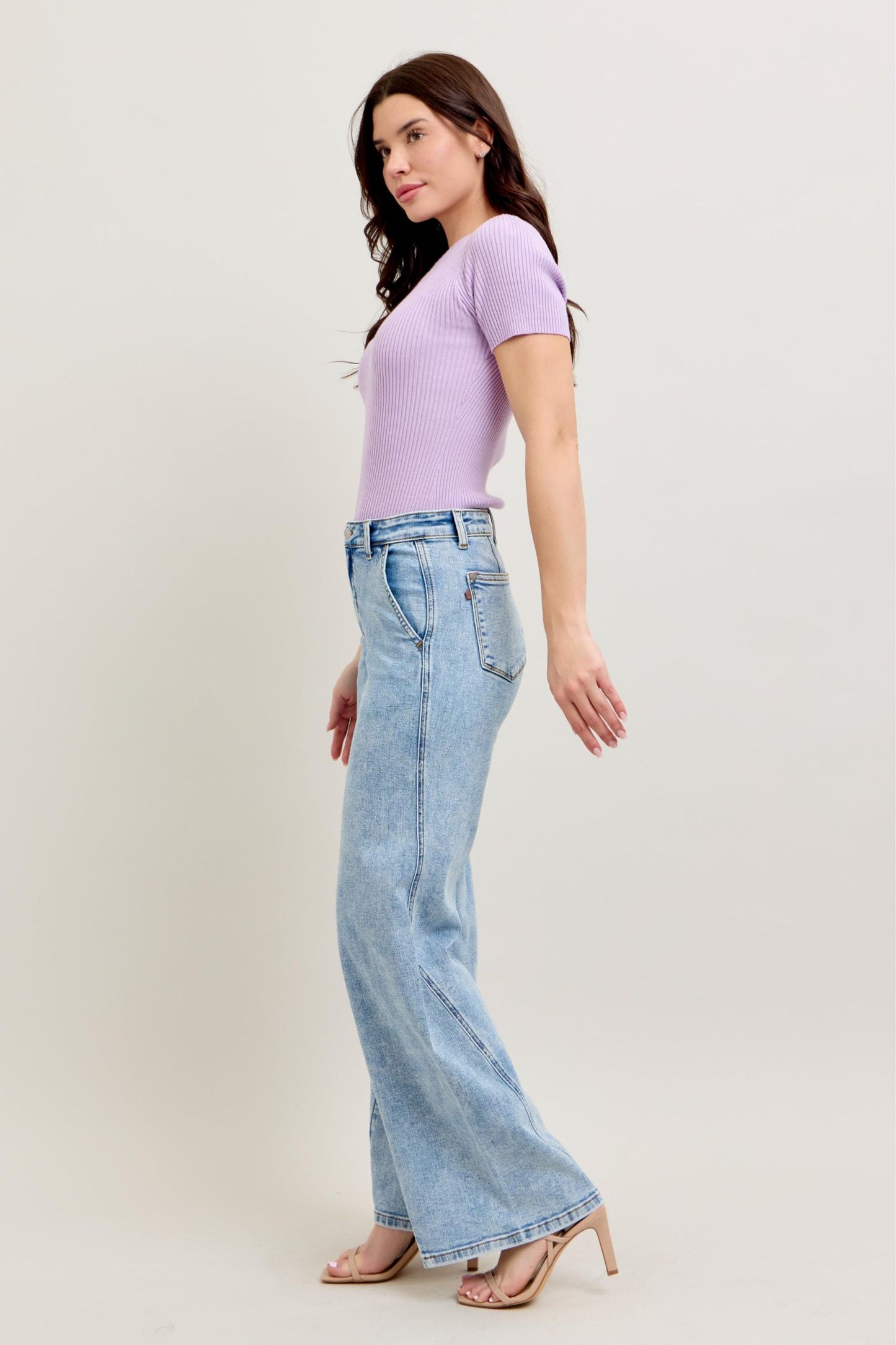Judy Blue High Waist Stone Wash Retro Wide Fit Skewed Inseam Jeans 82654