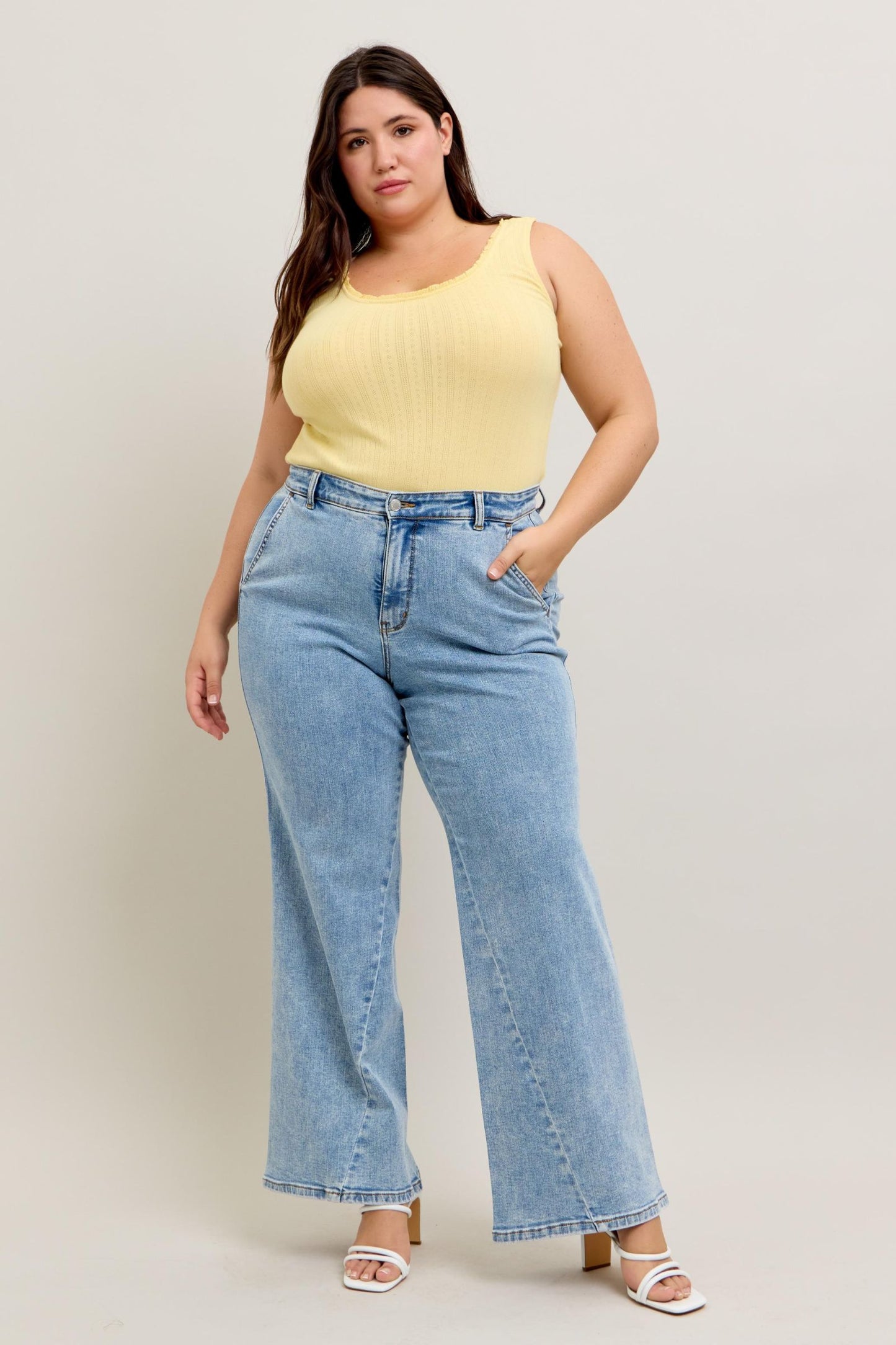 Judy Blue High Waist Stone Wash Retro Wide Fit Skewed Inseam Jeans 82654