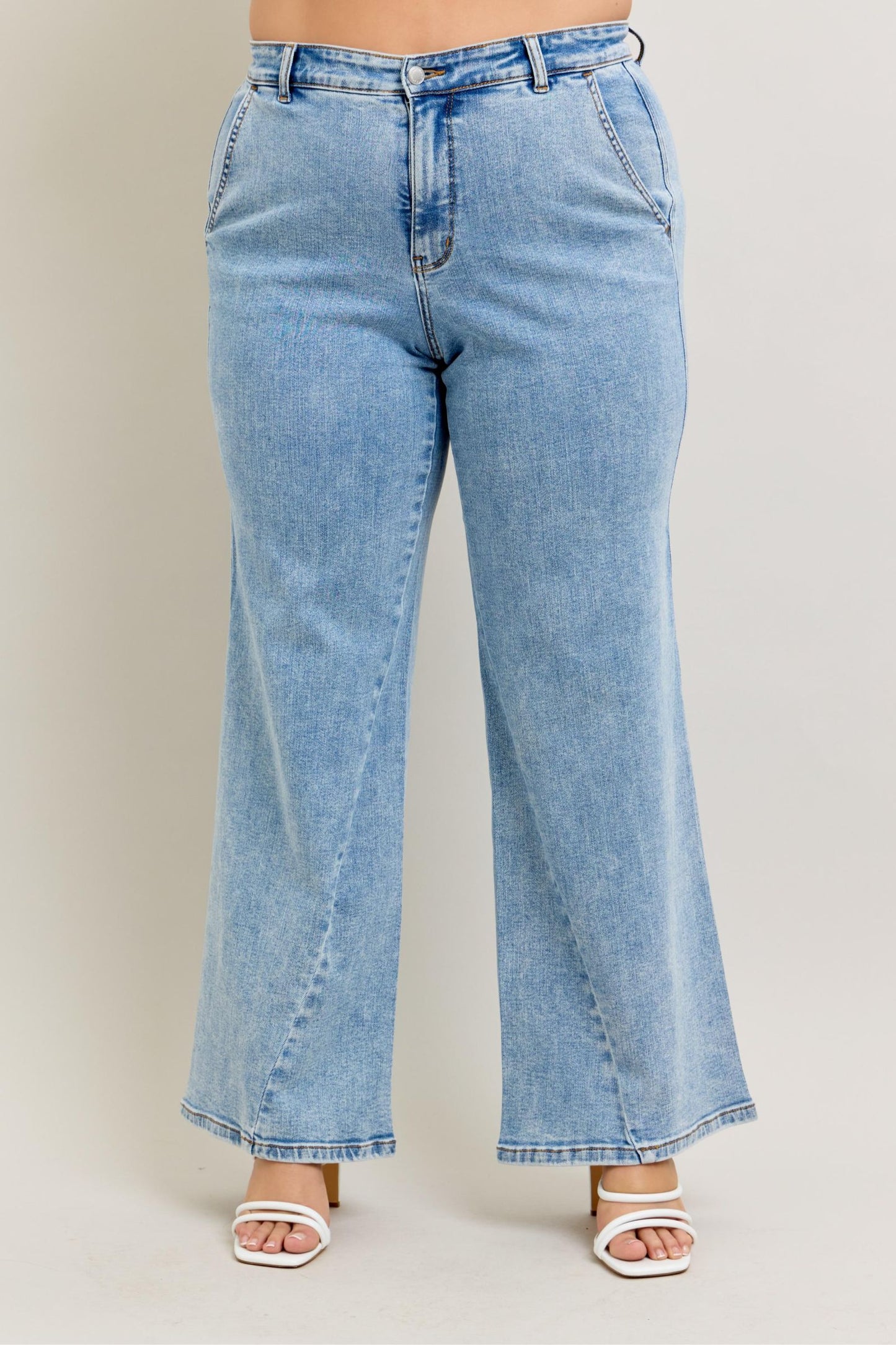 Judy Blue High Waist Stone Wash Retro Wide Fit Skewed Inseam Jeans 82654