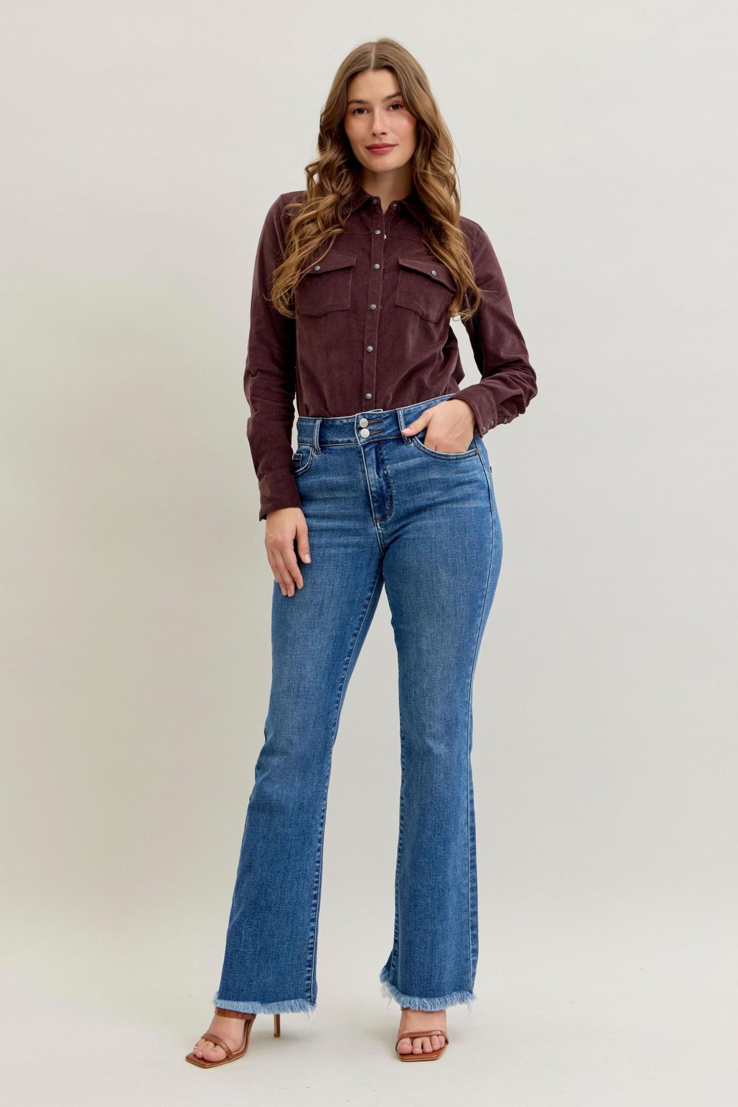 Judy Blue High Waist Bootcut Double Button WB & Fray Hem 82686