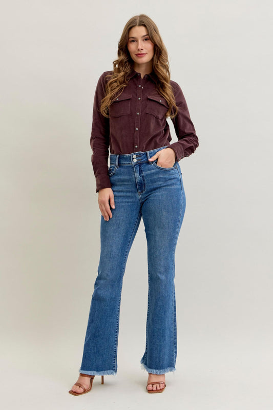 Judy Blue High Waist Bootcut Double Button WB & Fray Hem 82686