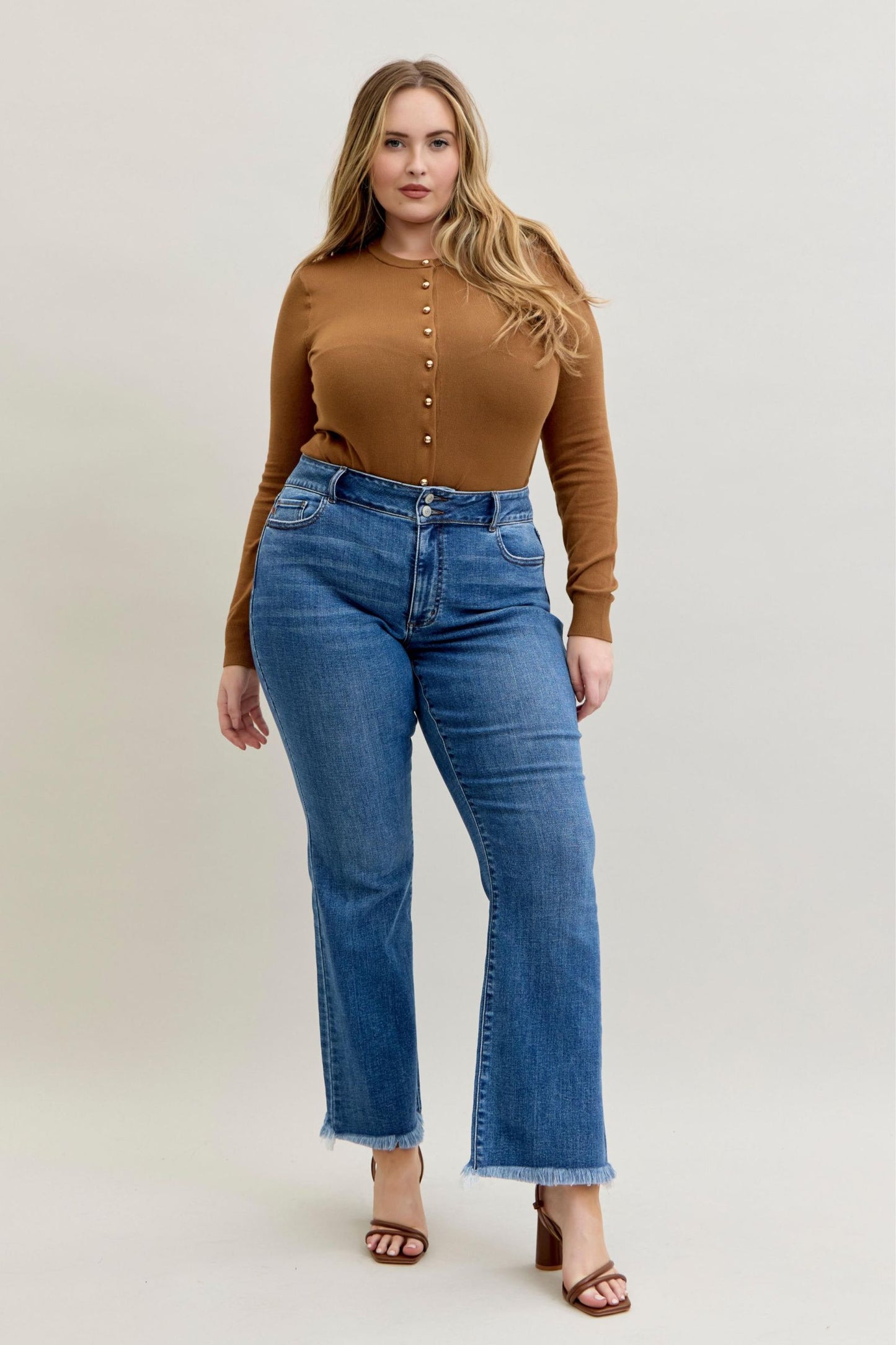 Judy Blue High Waist Bootcut Double Button WB & Fray Hem 82686