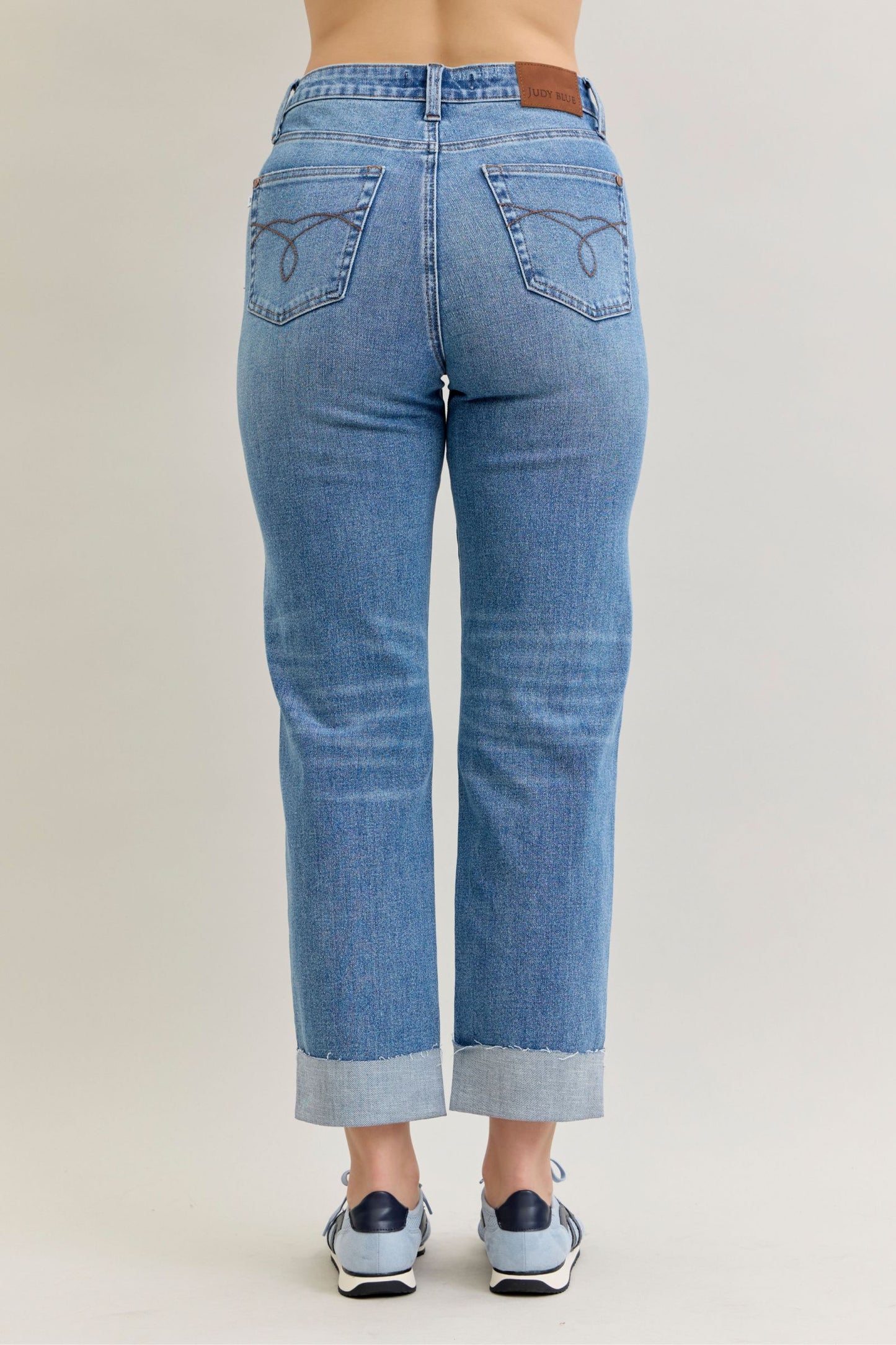 Judy Blue HW BF Criss-Cross Mild Destroy Single Cuff Jeans 881003