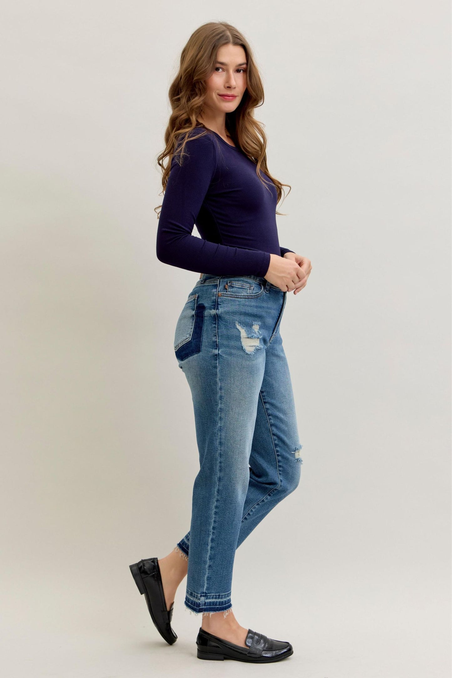 Judy Blue Mid Rise Patch & Repair Destroy Release Hem Jeans 881045