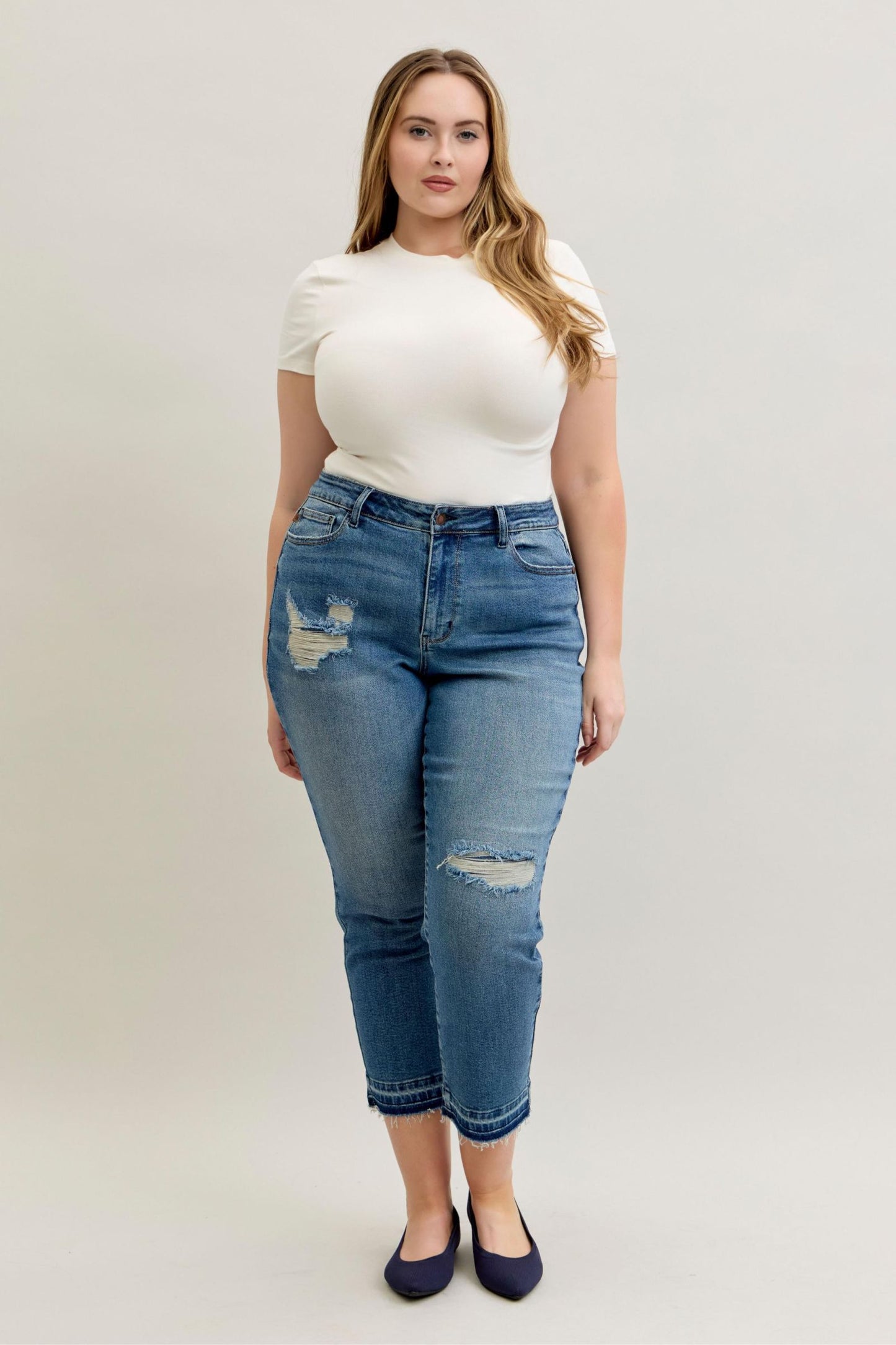 Judy Blue Mid Rise Patch & Repair Destroy Release Hem Jeans 881045