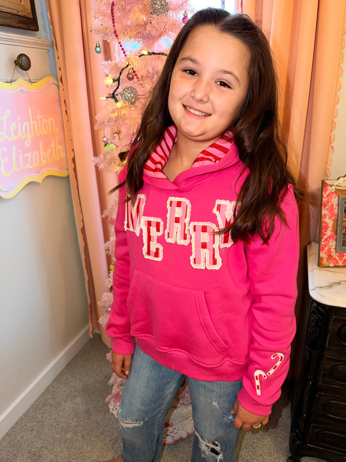 Youth Pink Holiday Applique Hoodie