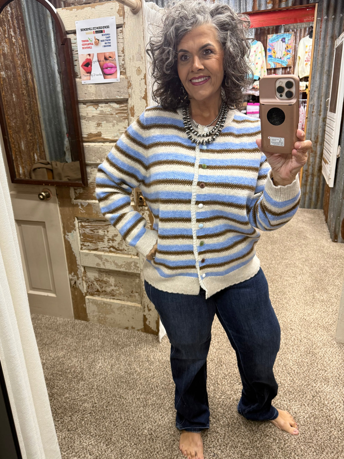 EASEL KHAKI BLUE STRIPED KNITTED SWEATER CARDIGAN