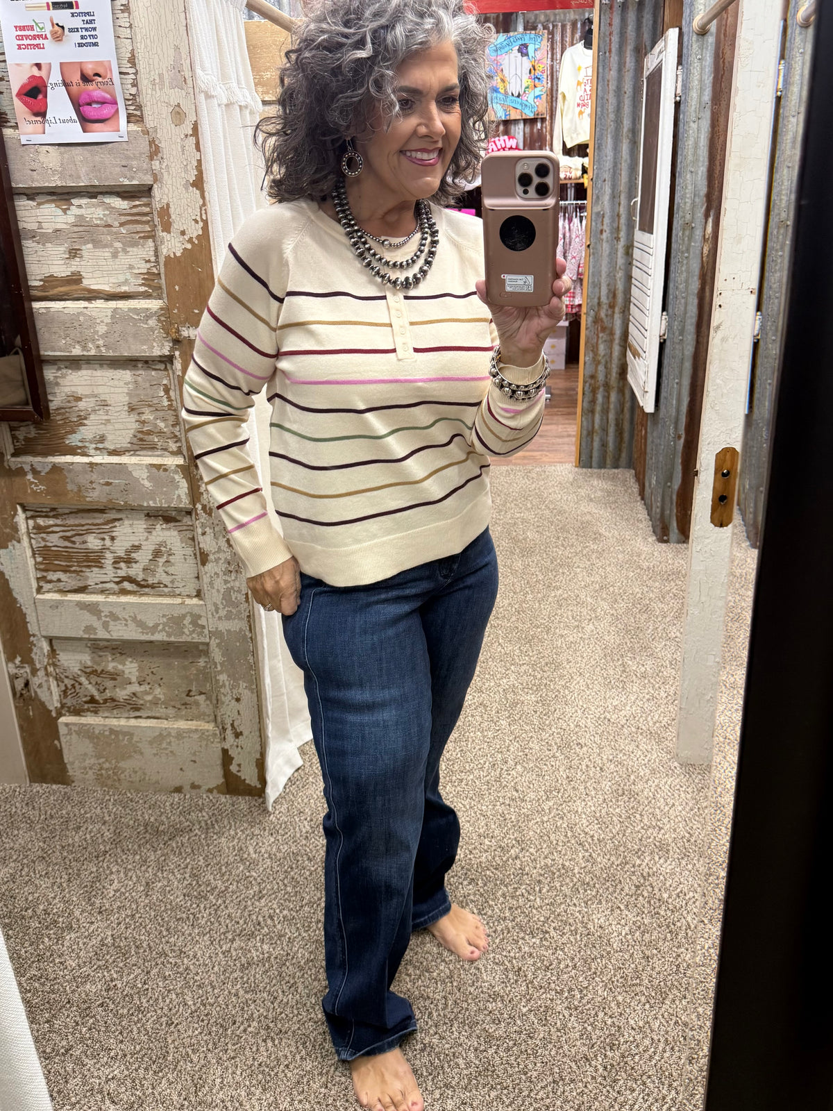 Staccato Multi Color Stripe Half-Button Raglan Pullover - Oatmeal/Pink