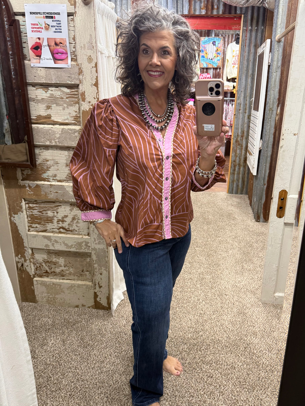 ENTRO Autumn Ember Cocoa Abstract Leaf Print Top 🍂